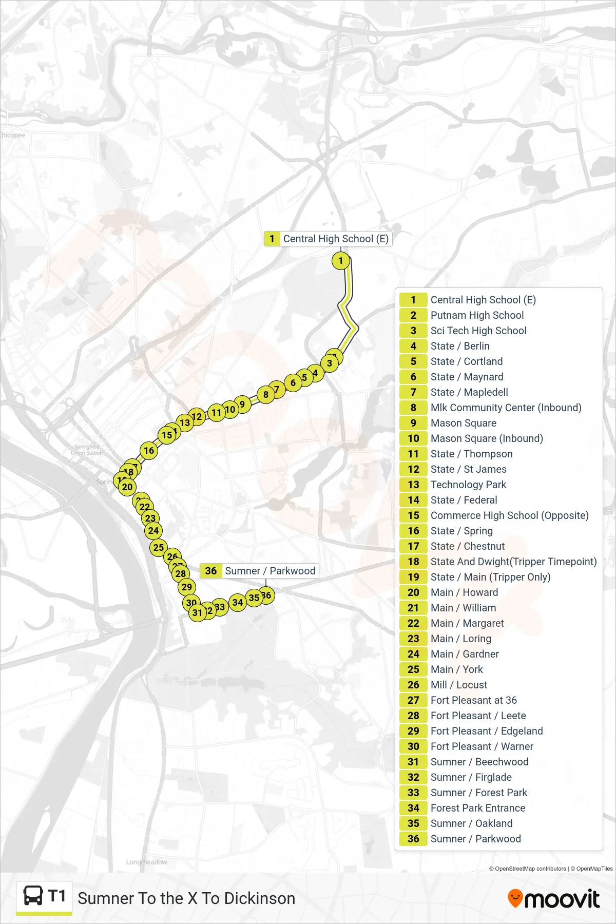 T1 bus Line (Sumner To the X To Dickinson) route and stops on a map