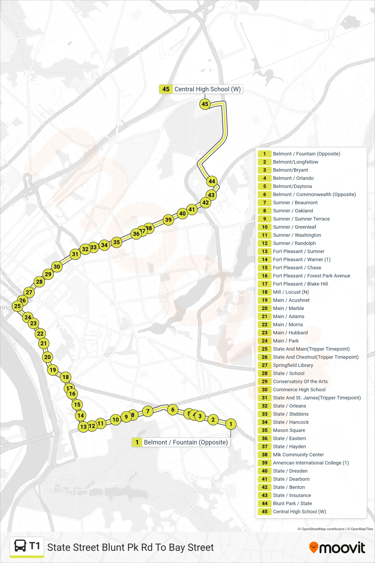 T1 bus Line (State Street Blunt Pk Rd To Bay Street) route and stops on a map