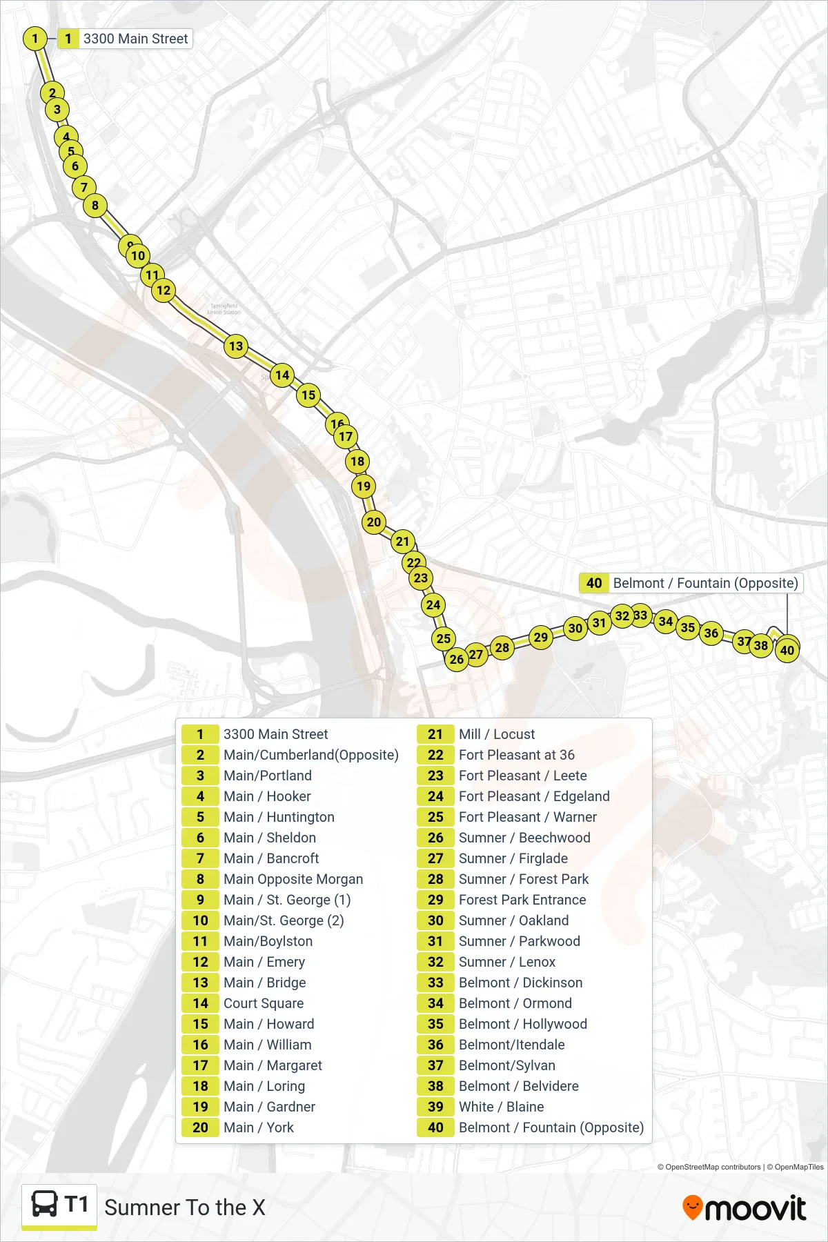 T1 bus Line (Sumner To the X) route and stops on a map