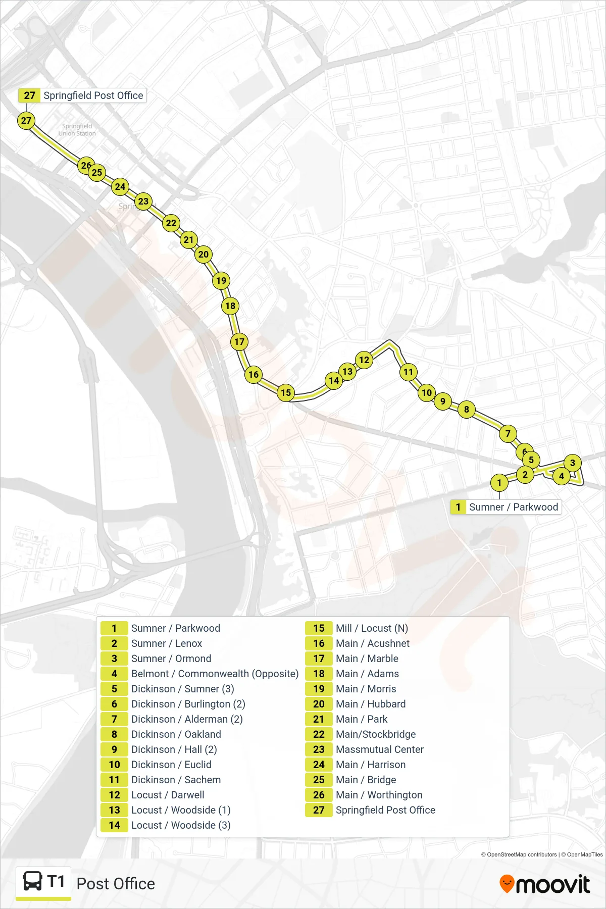T1 bus Line (Post Office) route and stops on a map