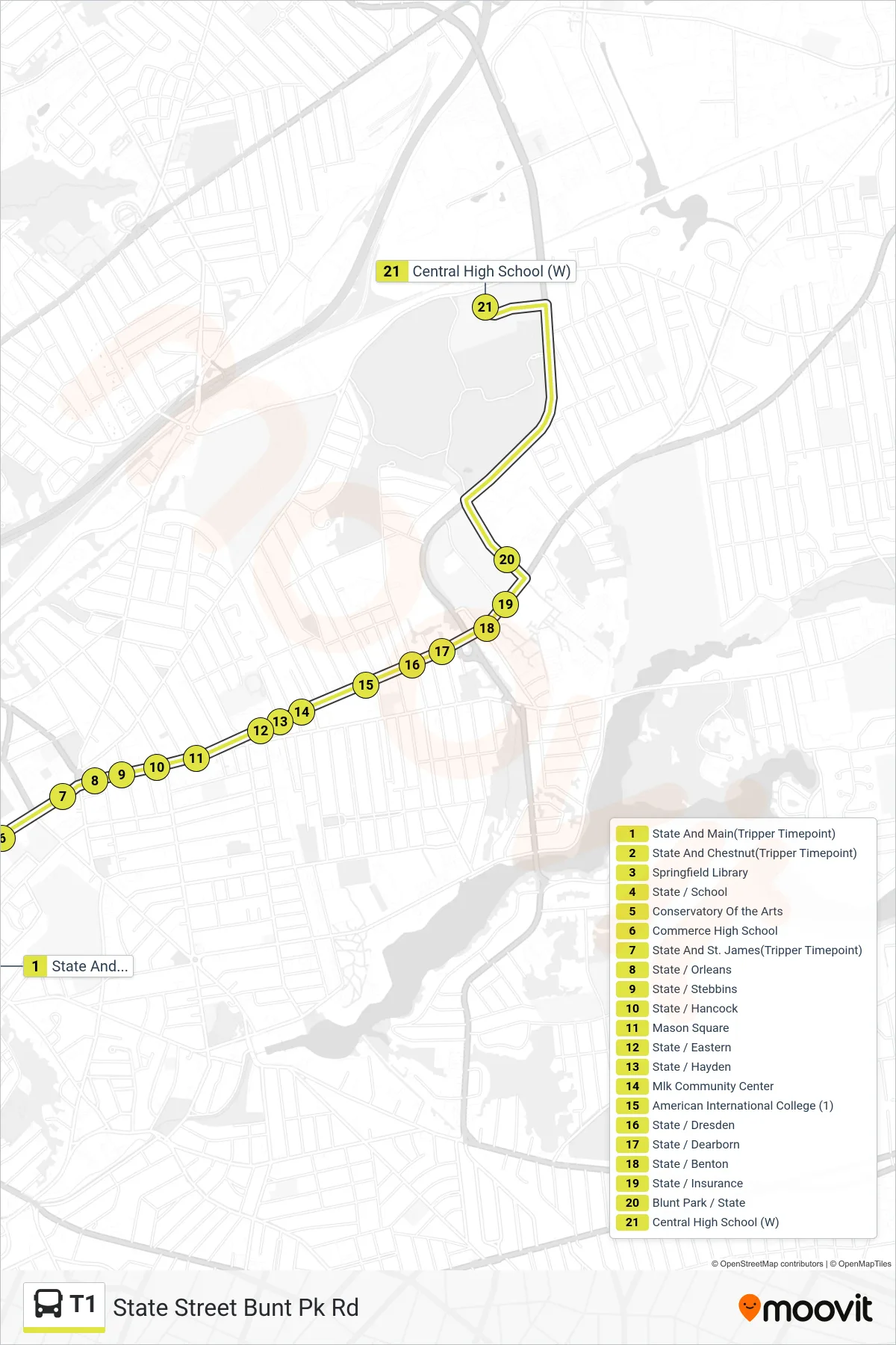 T1 bus Line (State Street Bunt Pk Rd) route and stops on a map
