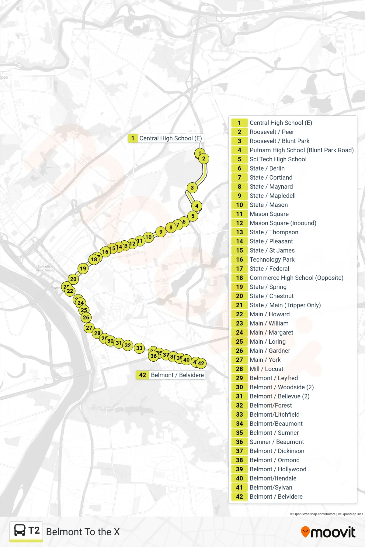 T2 bus Line (Belmont To the X) route and stops on a map