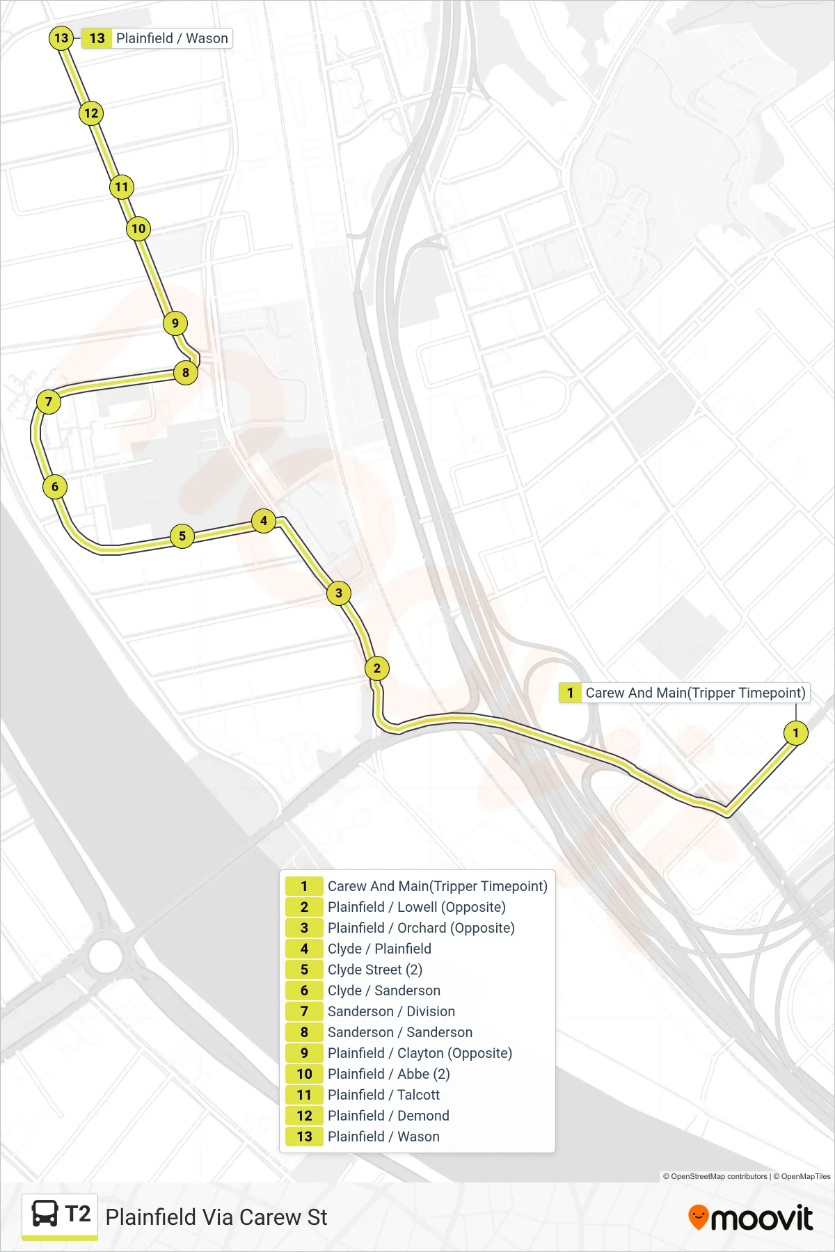 T2 bus Line (Plainfield Via Carew St) route and stops on a map