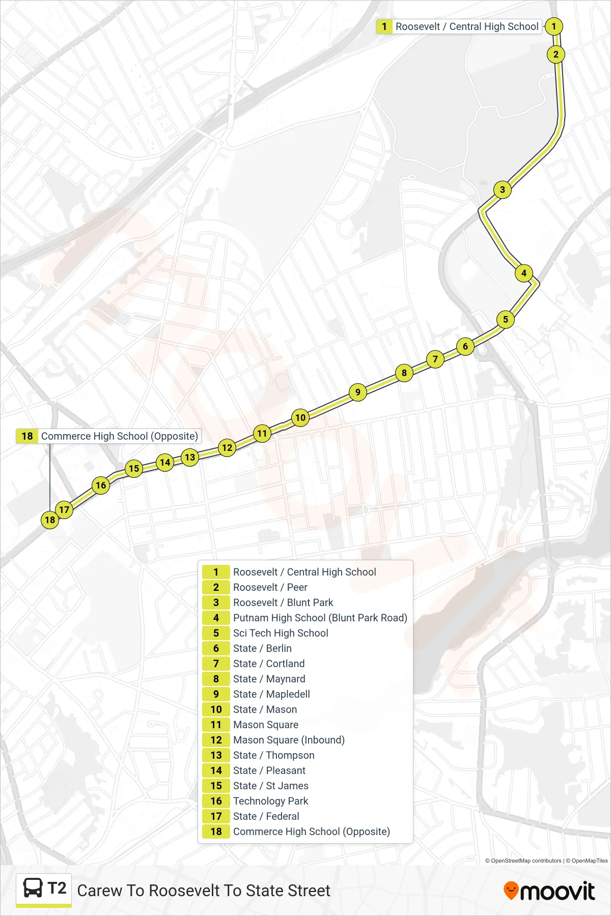 T2 bus Line (Carew To Roosevelt To State Street) route and stops on a map