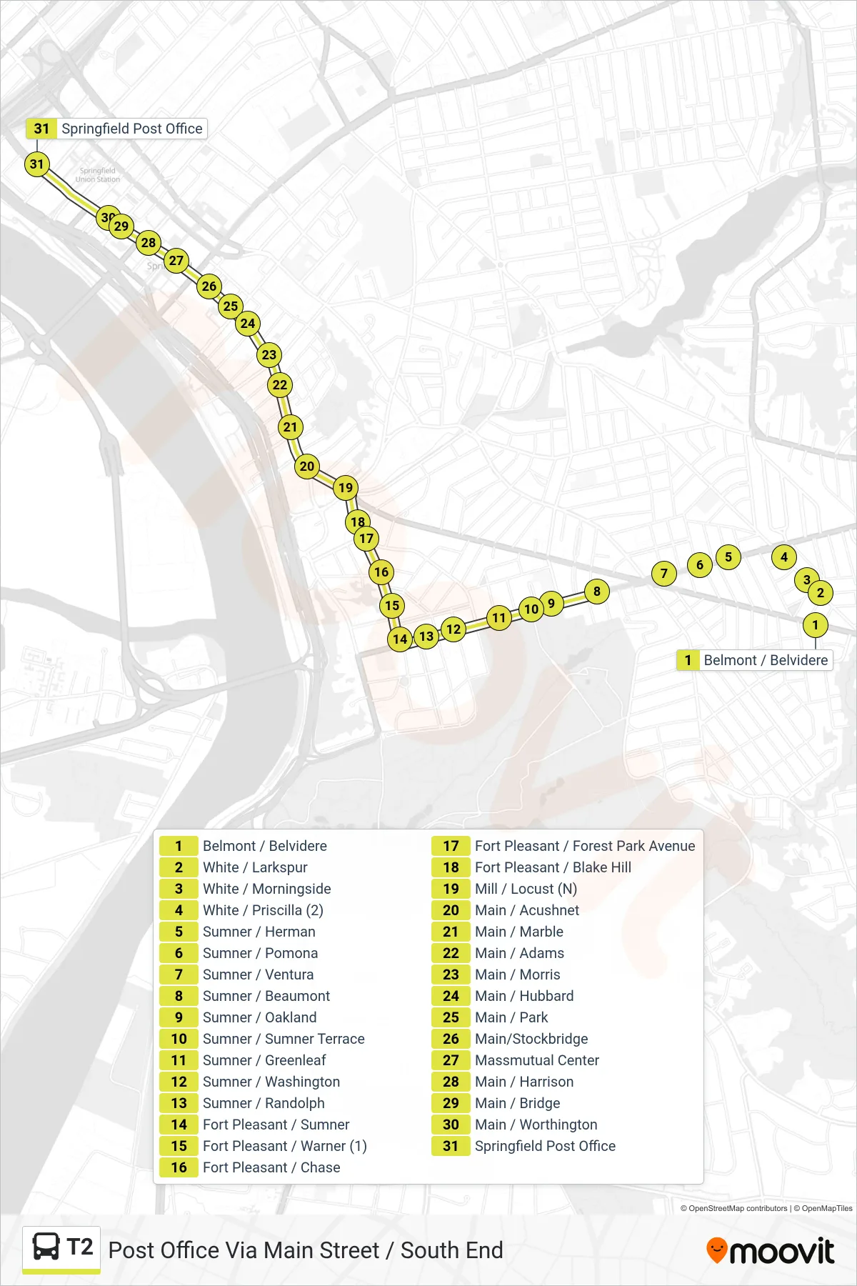 T2 bus Line (Post Office Via Main Street / South End) route and stops on a map