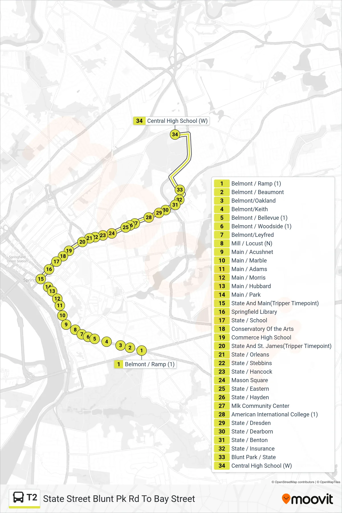 T2 bus Line (State Street Blunt Pk Rd To Bay Street) route and stops on a map
