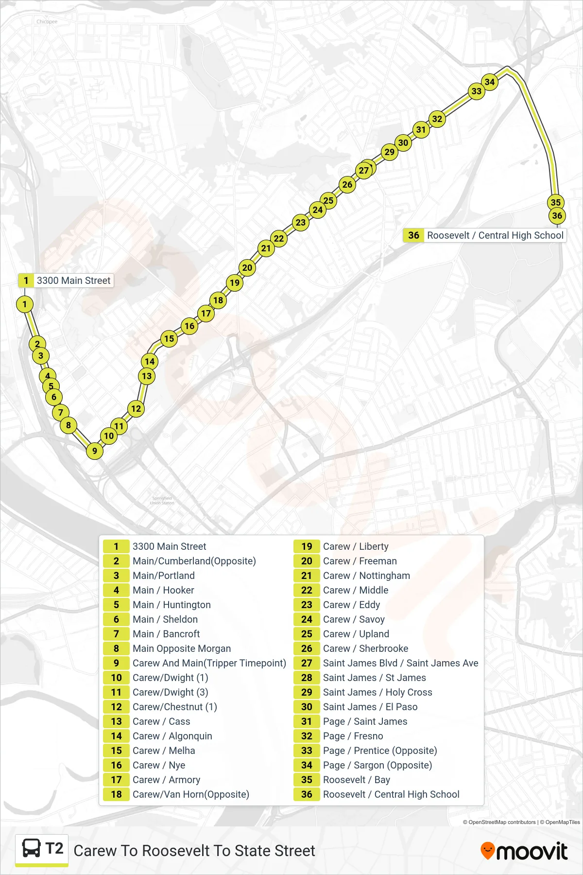 T2 bus Line (Carew To Roosevelt To State Street) route and stops on a map