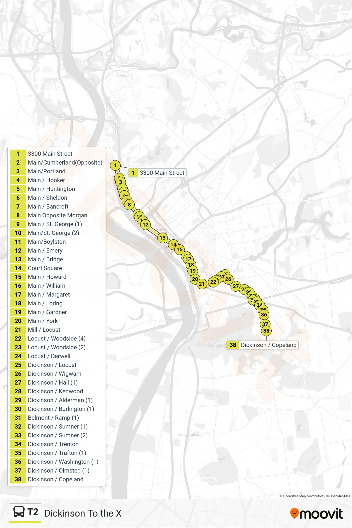 T2 bus Line (Dickinson To the X) route and stops on a map