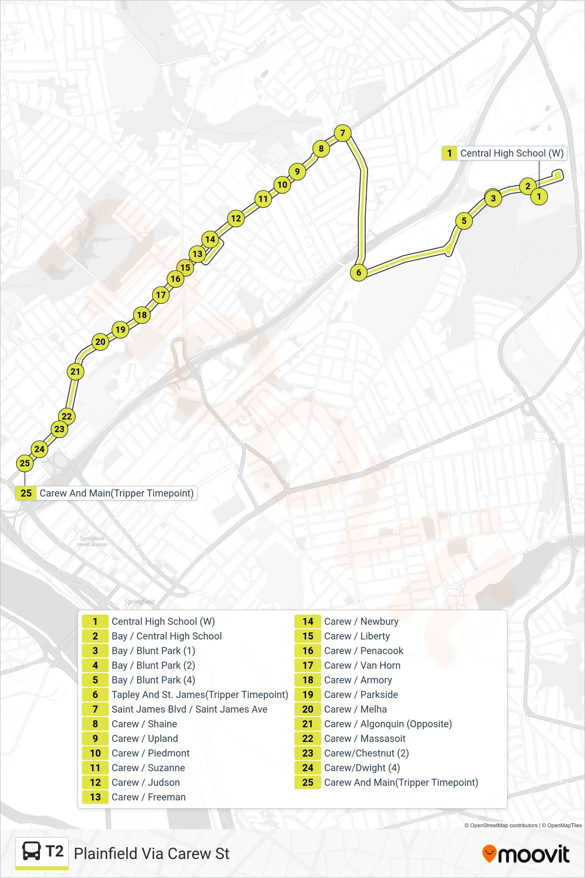T2 bus Line (Plainfield Via Carew St) route and stops on a map