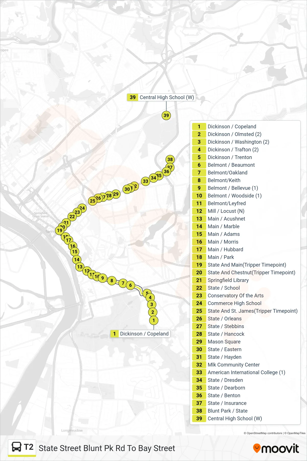 T2 bus Line (State Street Blunt Pk Rd To Bay Street) route and stops on a map