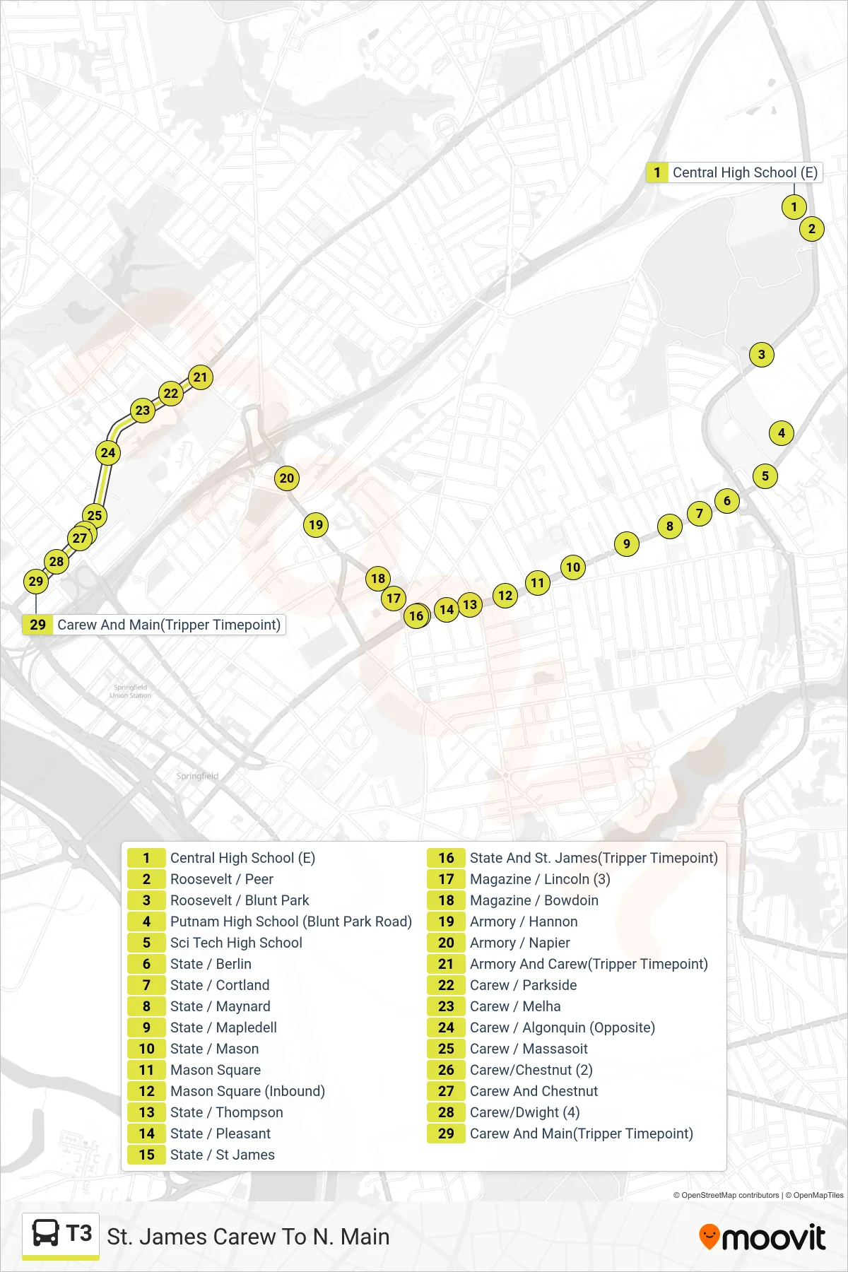 T3 bus Line (St. James Carew To N. Main) route and stops on a map