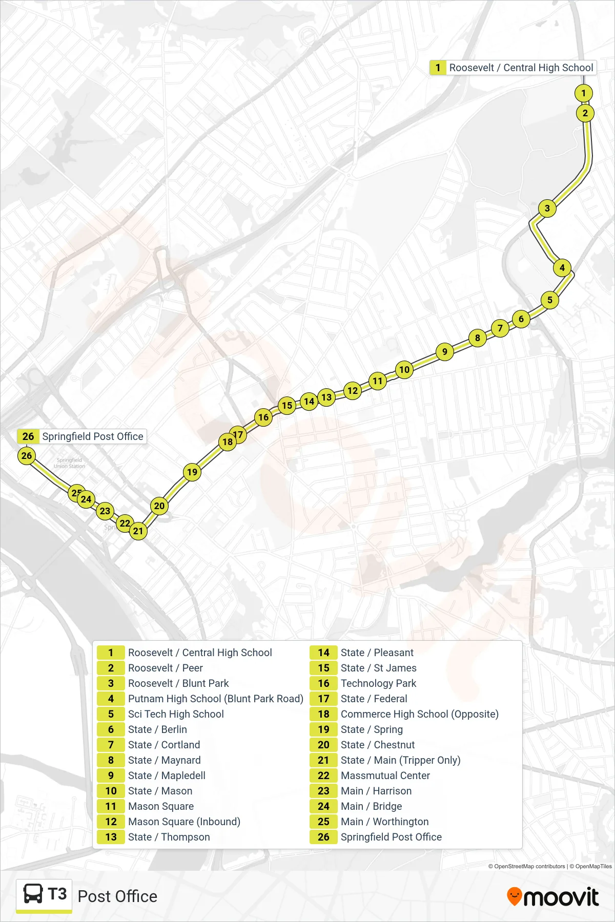 T3 bus Line (Post Office) route and stops on a map