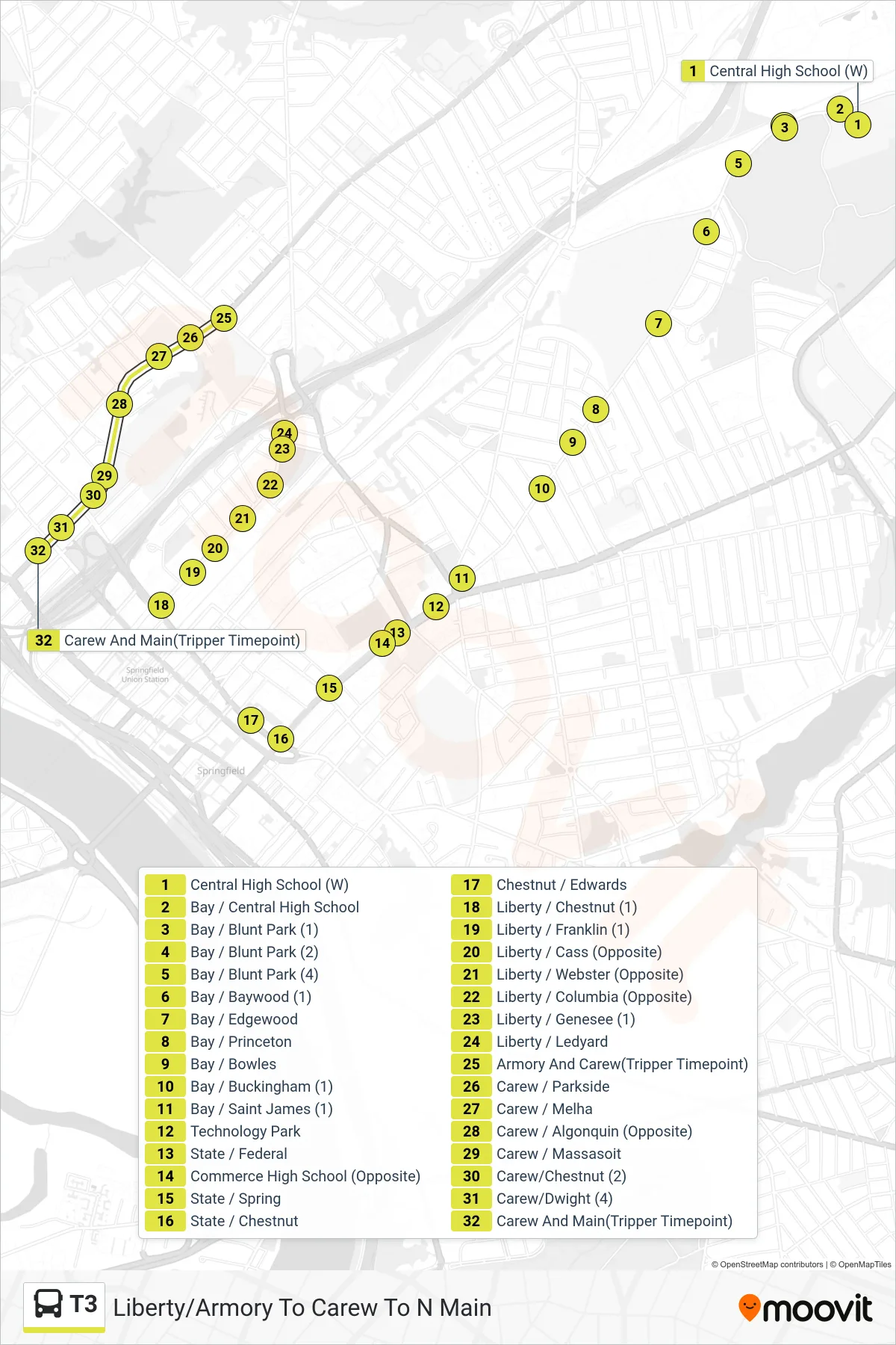 T3 bus Line (Liberty/Armory To Carew To N Main) route and stops on a map