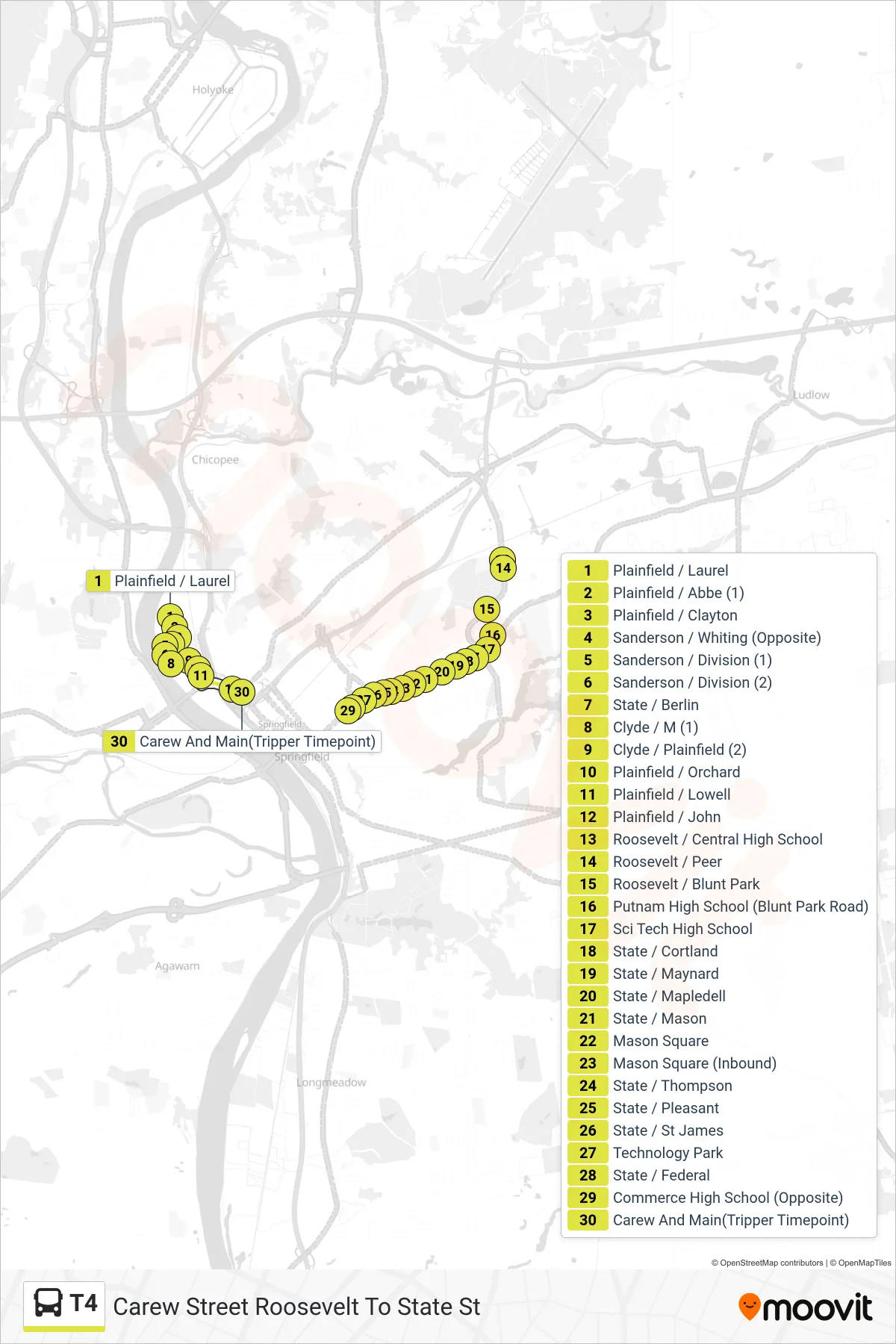 T4 bus Line (Carew Street Roosevelt To State St) route and stops on a map