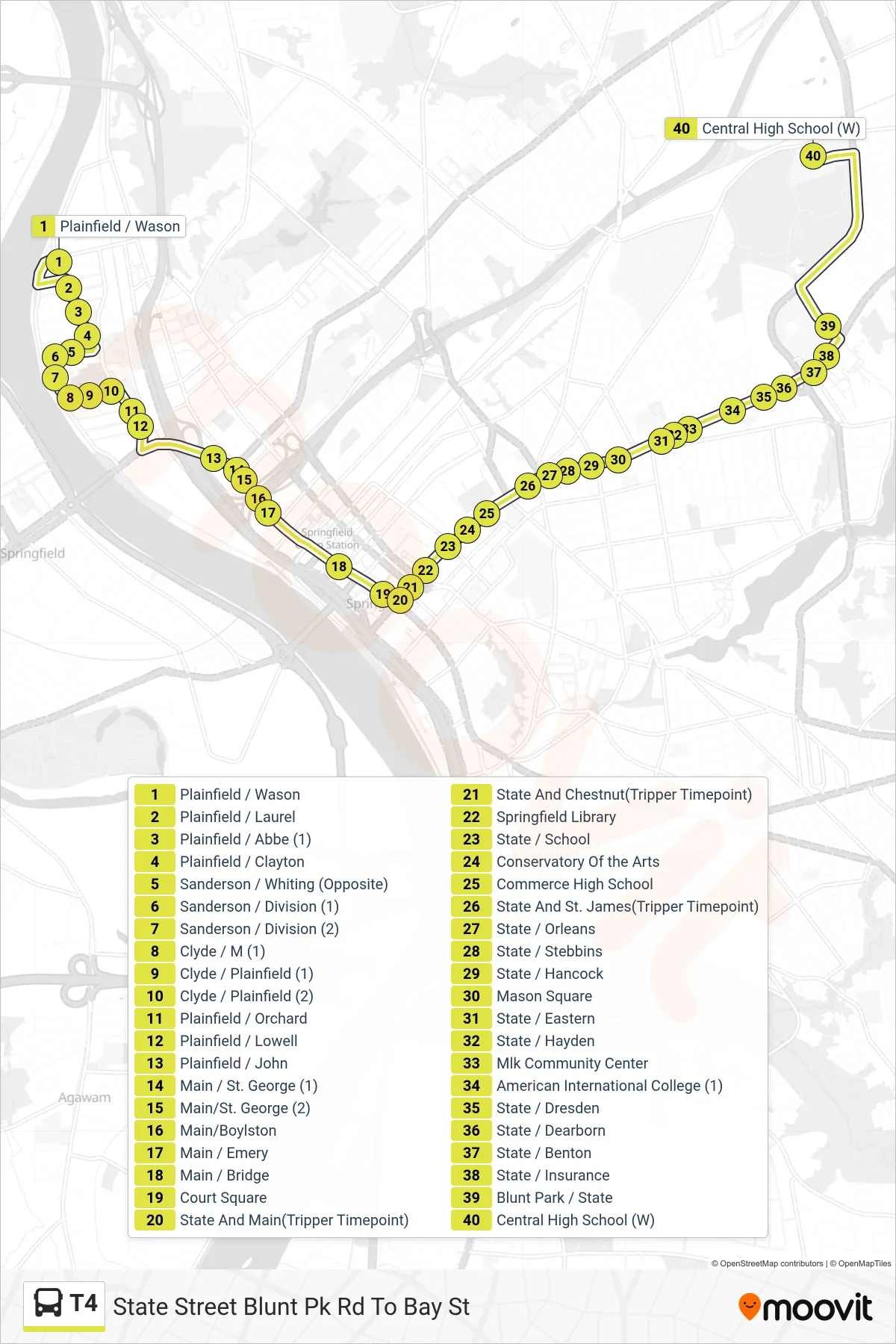 T4 bus Line (State Street Blunt Pk Rd To Bay St) route and stops on a map