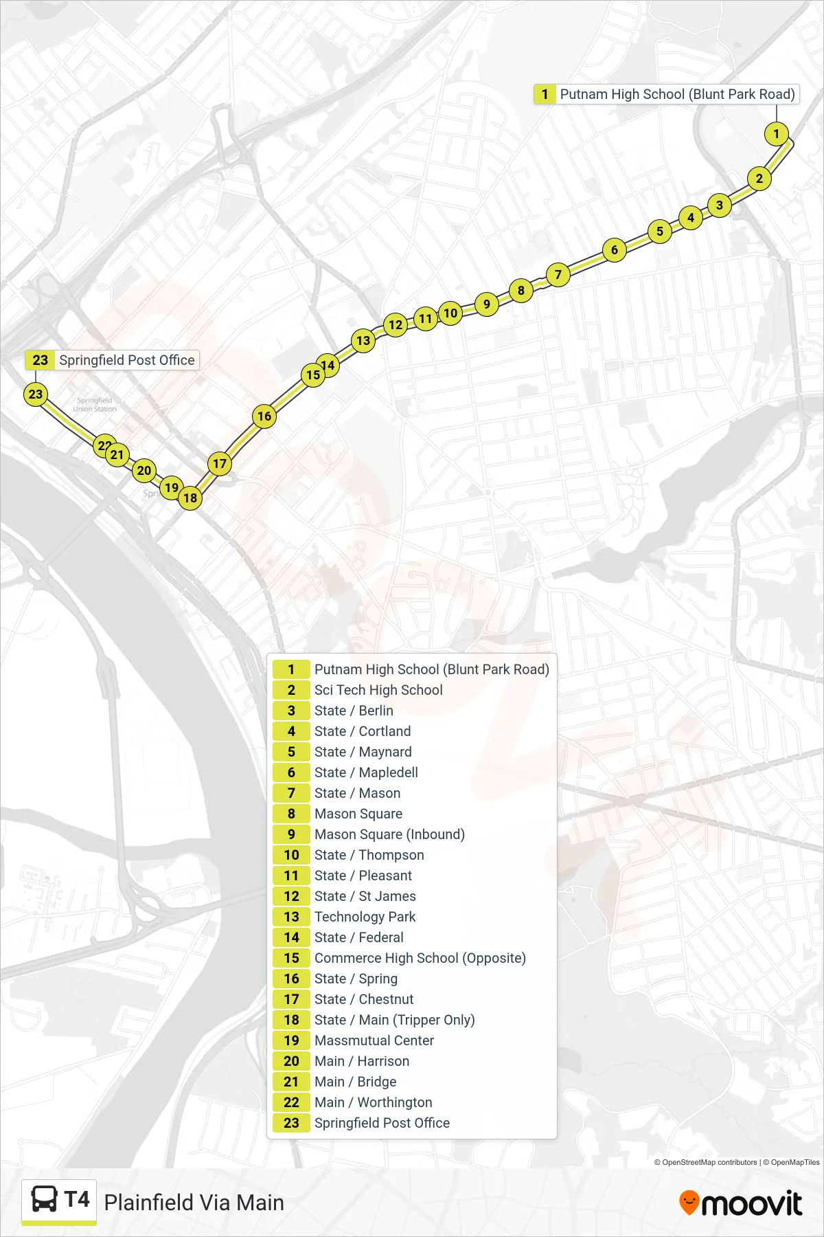 T4 bus Line (Plainfield Via Main) route and stops on a map