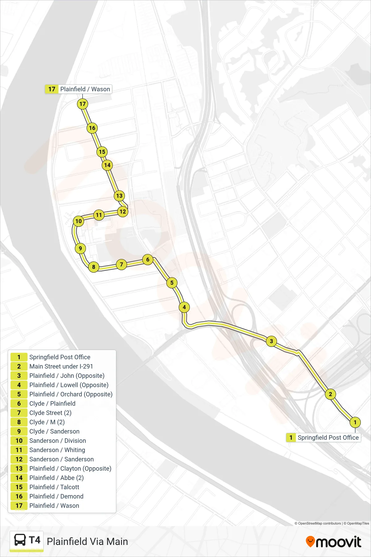 T4 bus Line (Plainfield Via Main) route and stops on a map