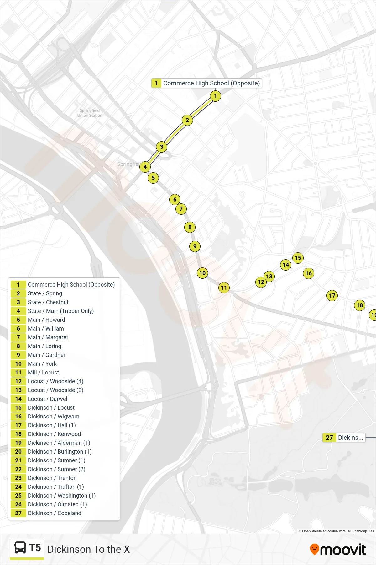 T5 bus Line (Dickinson To the X) route and stops on a map
