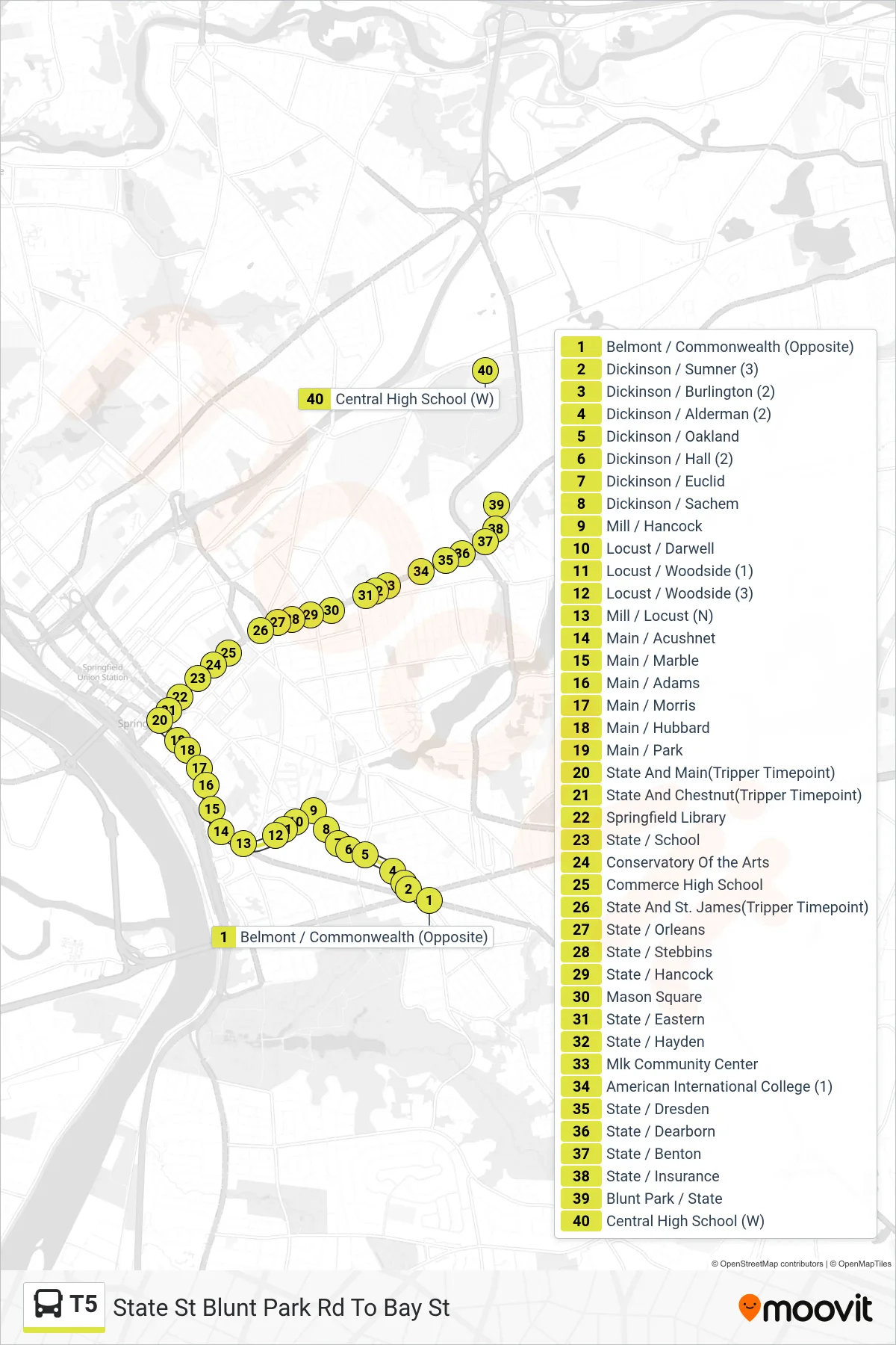 T5 bus Line (State St  Blunt Park Rd To Bay St) route and stops on a map