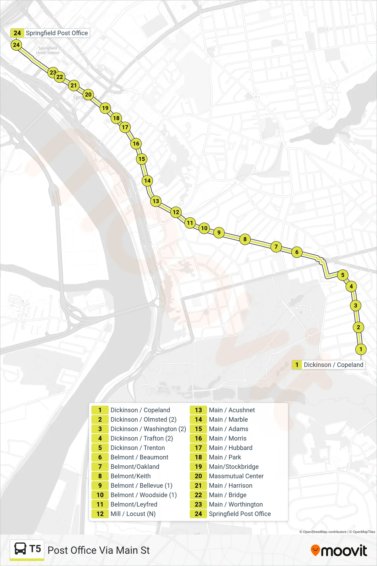 T5 bus Line (Post Office Via Main St) route and stops on a map