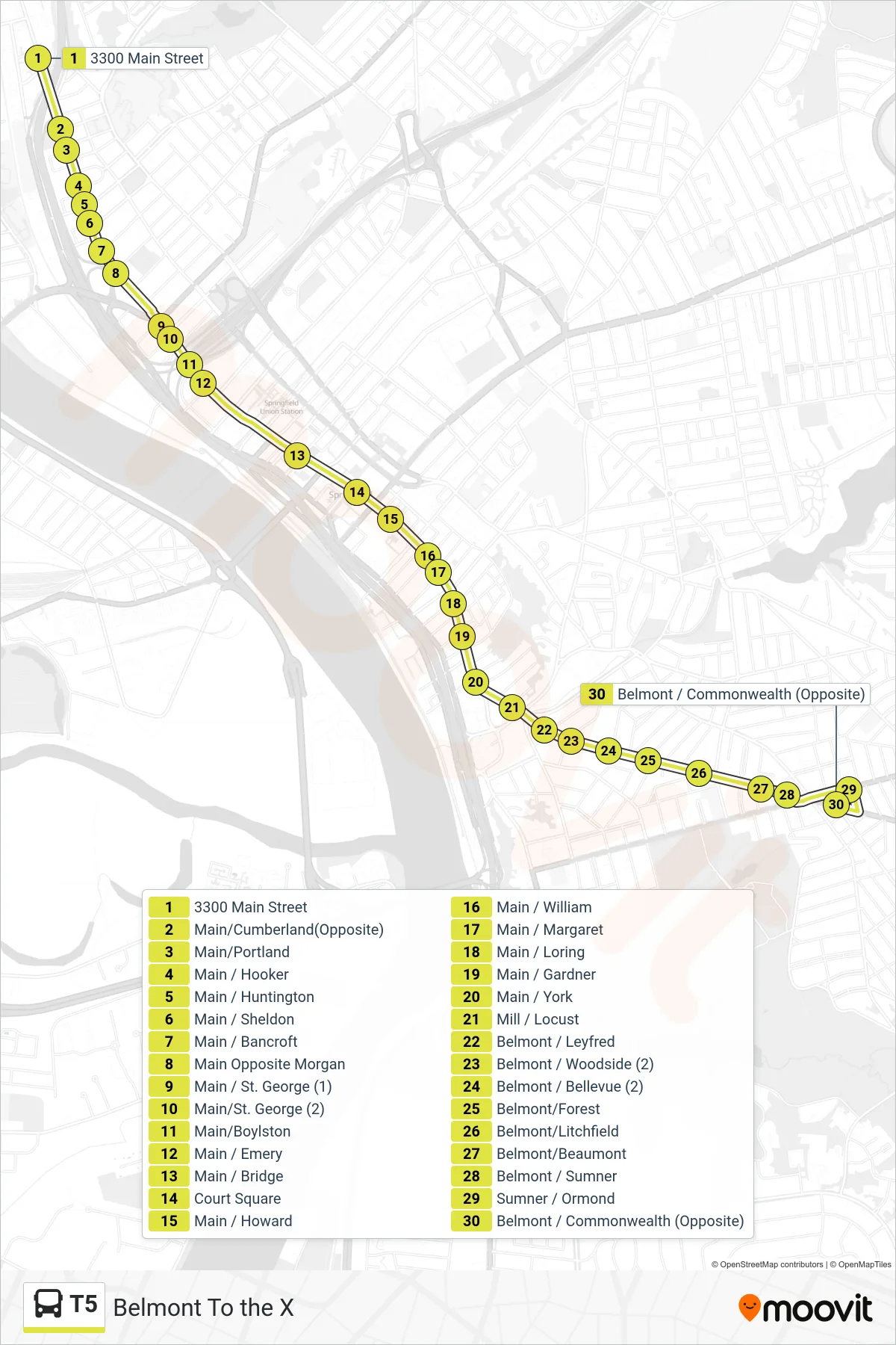 T5 bus Line (Belmont To the X) route and stops on a map