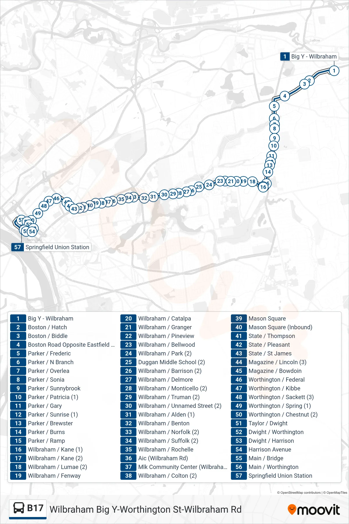 B17 bus Line (Union Station Via Wilbraham Rd) route and stops on a map
