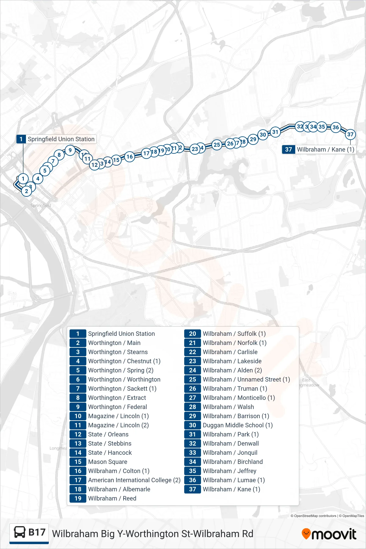 B17 bus Line (16 Acres Via Wilbraham Rd / Worthington St) route and stops on a map