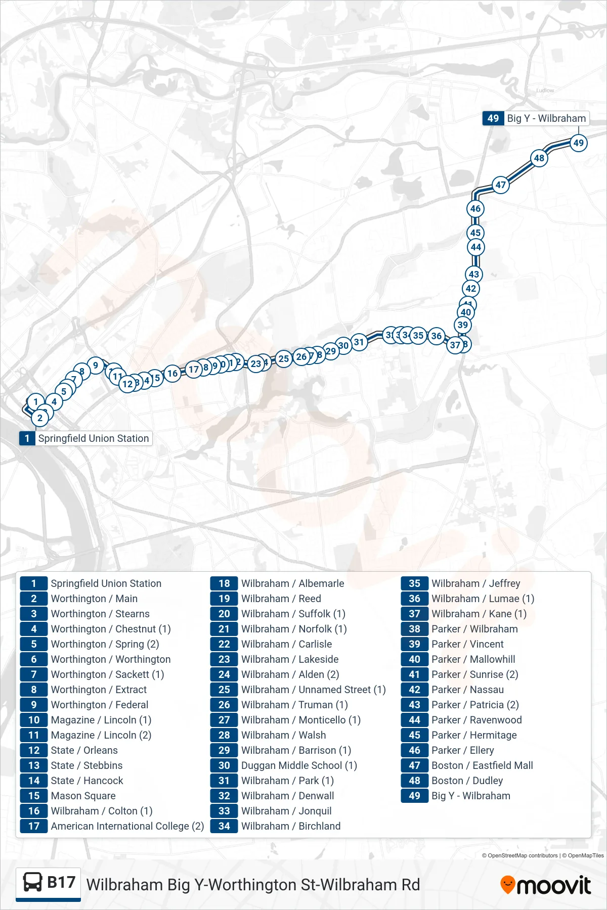 B17 bus Line (Wilbraham Big Y Via Wilbraham Rd) route and stops on a map