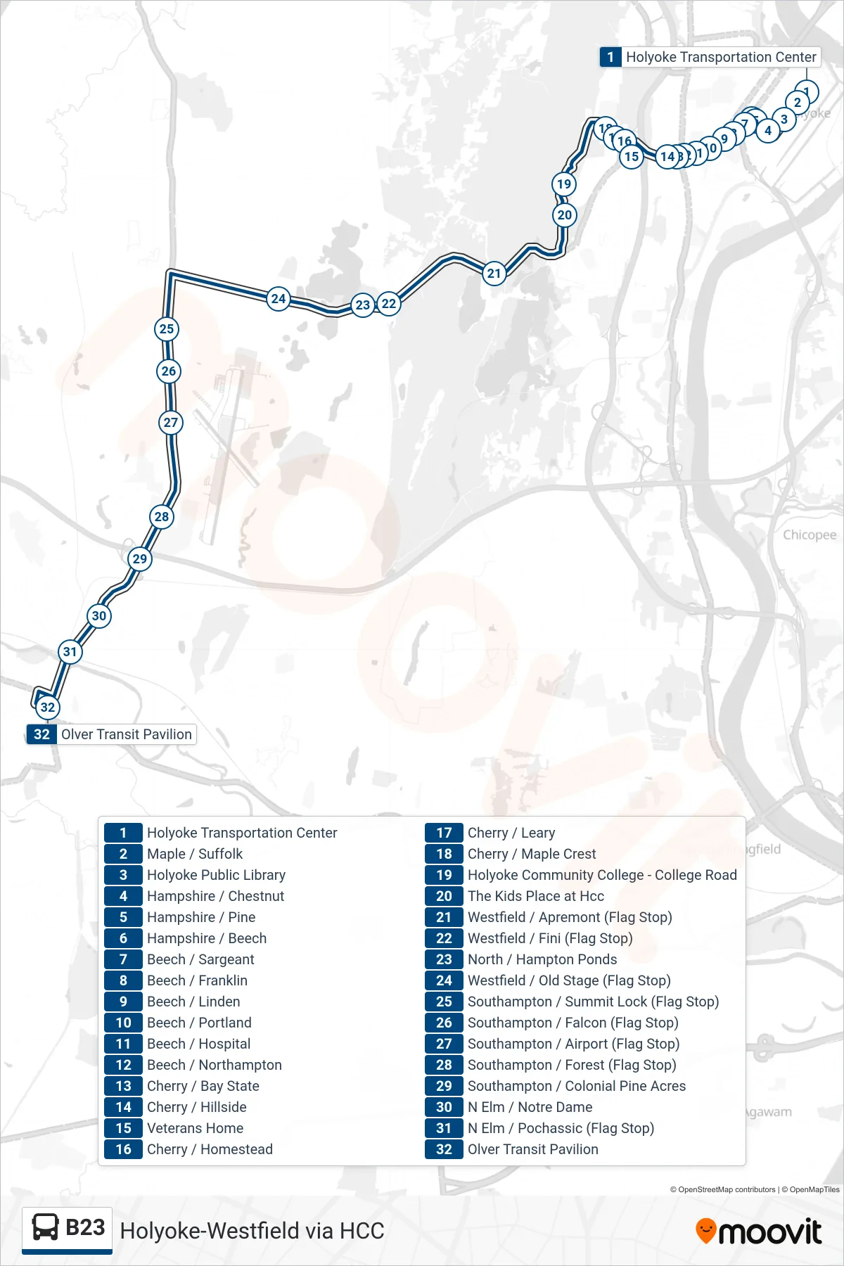 B23 bus Line (Westfield Via Hcc) route and stops on a map