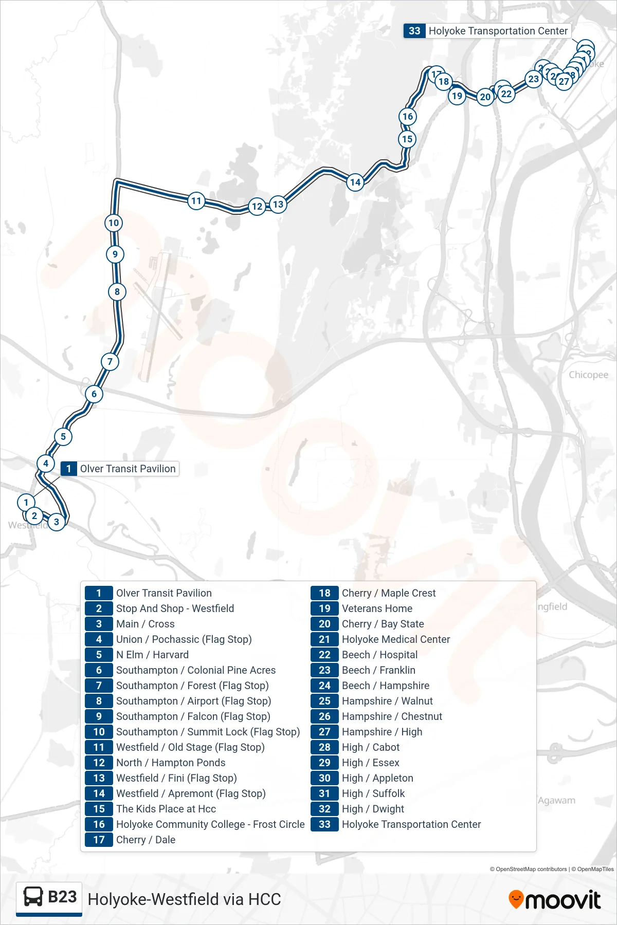B23 bus Line (Holyoke Trans. Ctr. Via Hcc) route and stops on a map