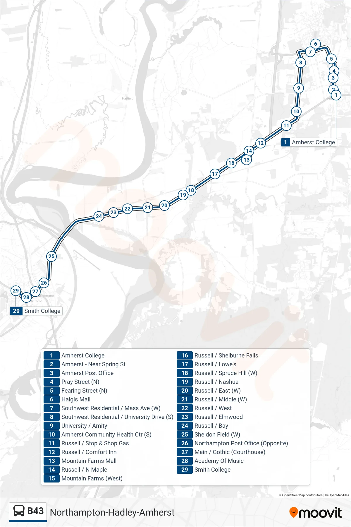 B43 bus Line (Northampton) route and stops on a map