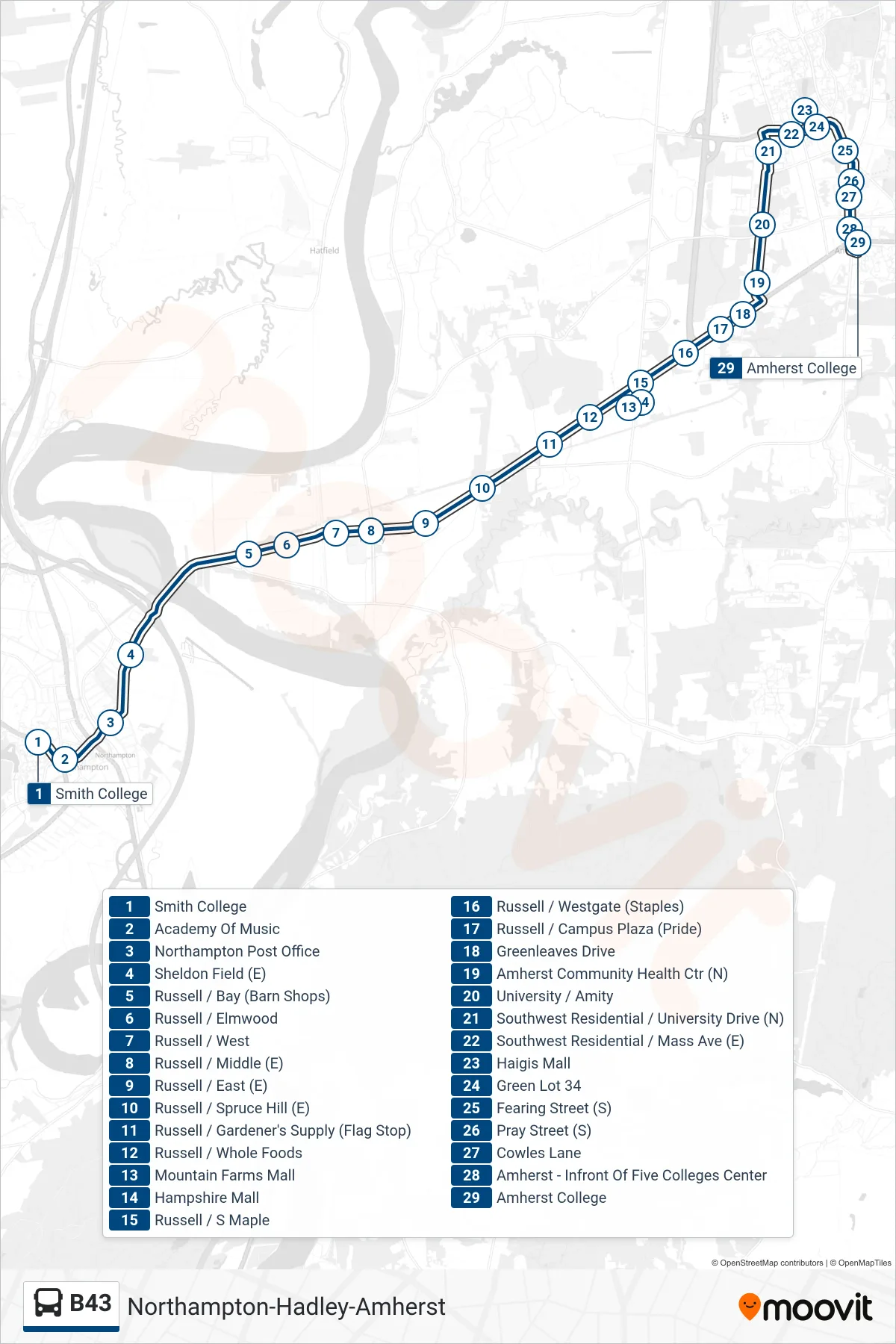 B43 bus Line (Amherst College Via Umass) route and stops on a map