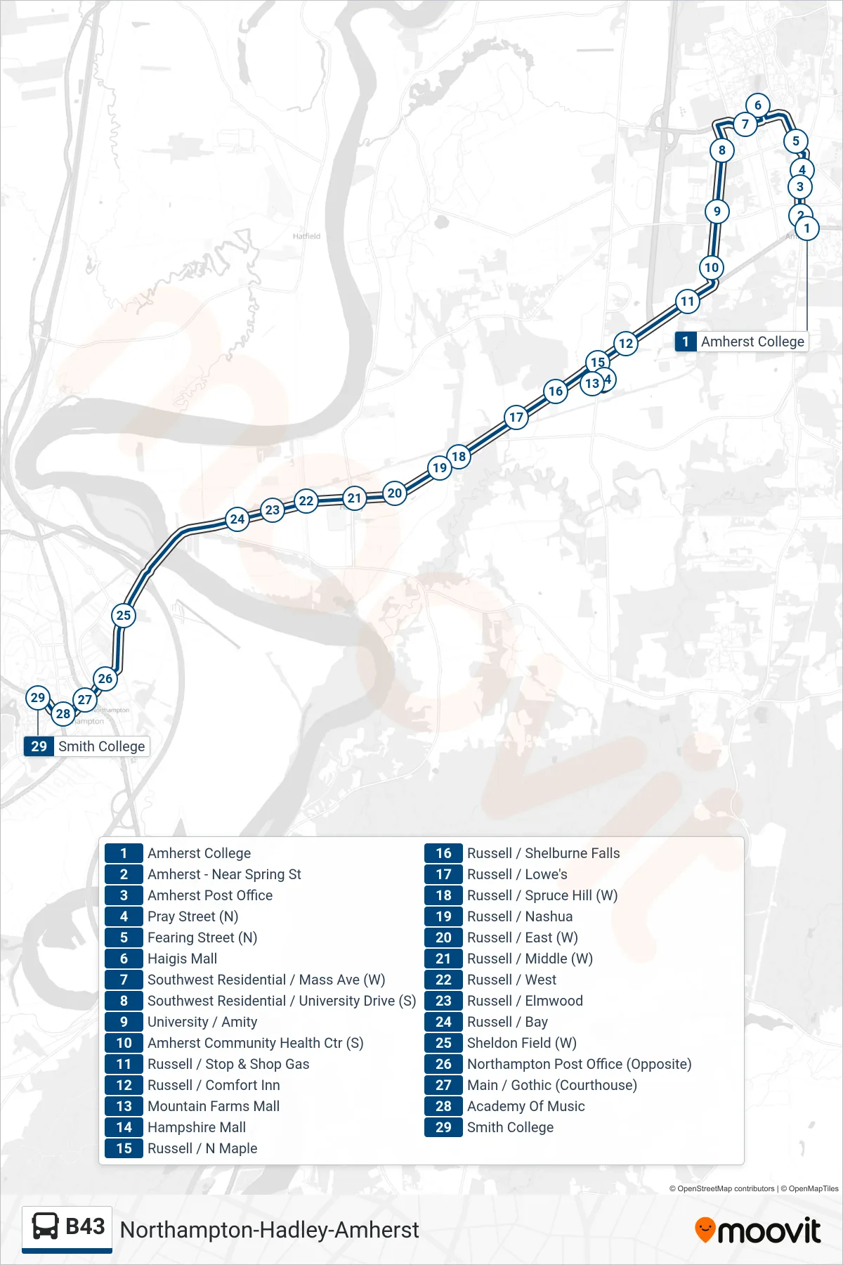 B43 bus Line (Amherst College Via Umass) route and stops on a map