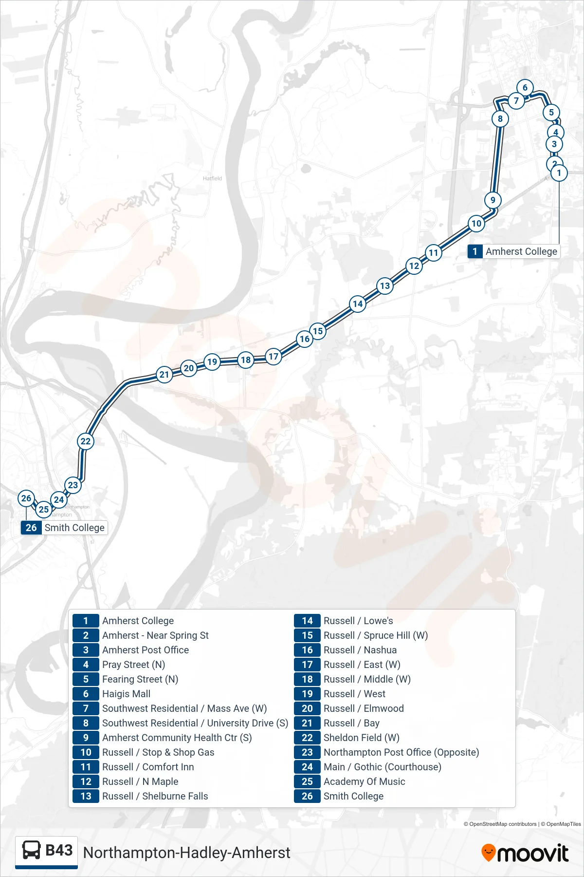 B43 bus Line (Smith College) route and stops on a map