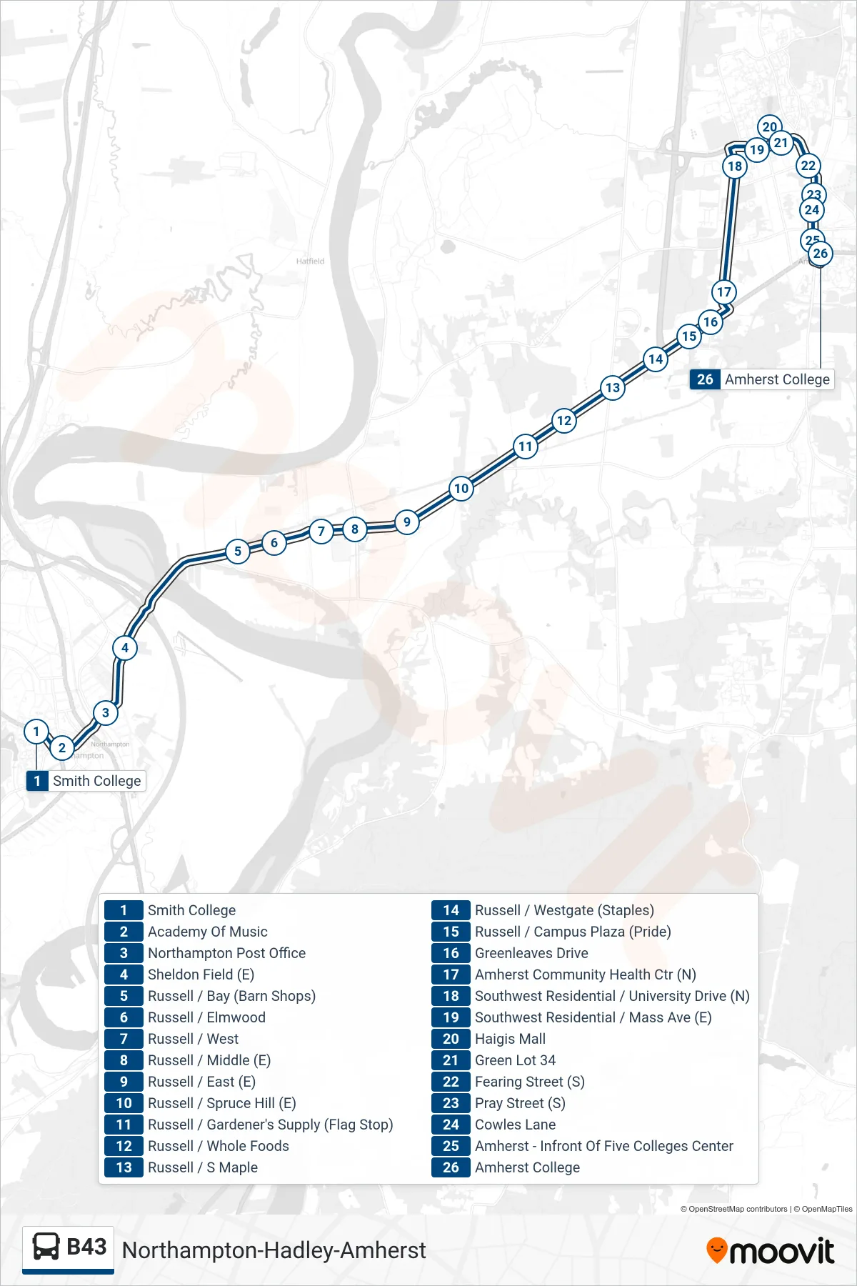 B43 bus Line (Amherst College) route and stops on a map