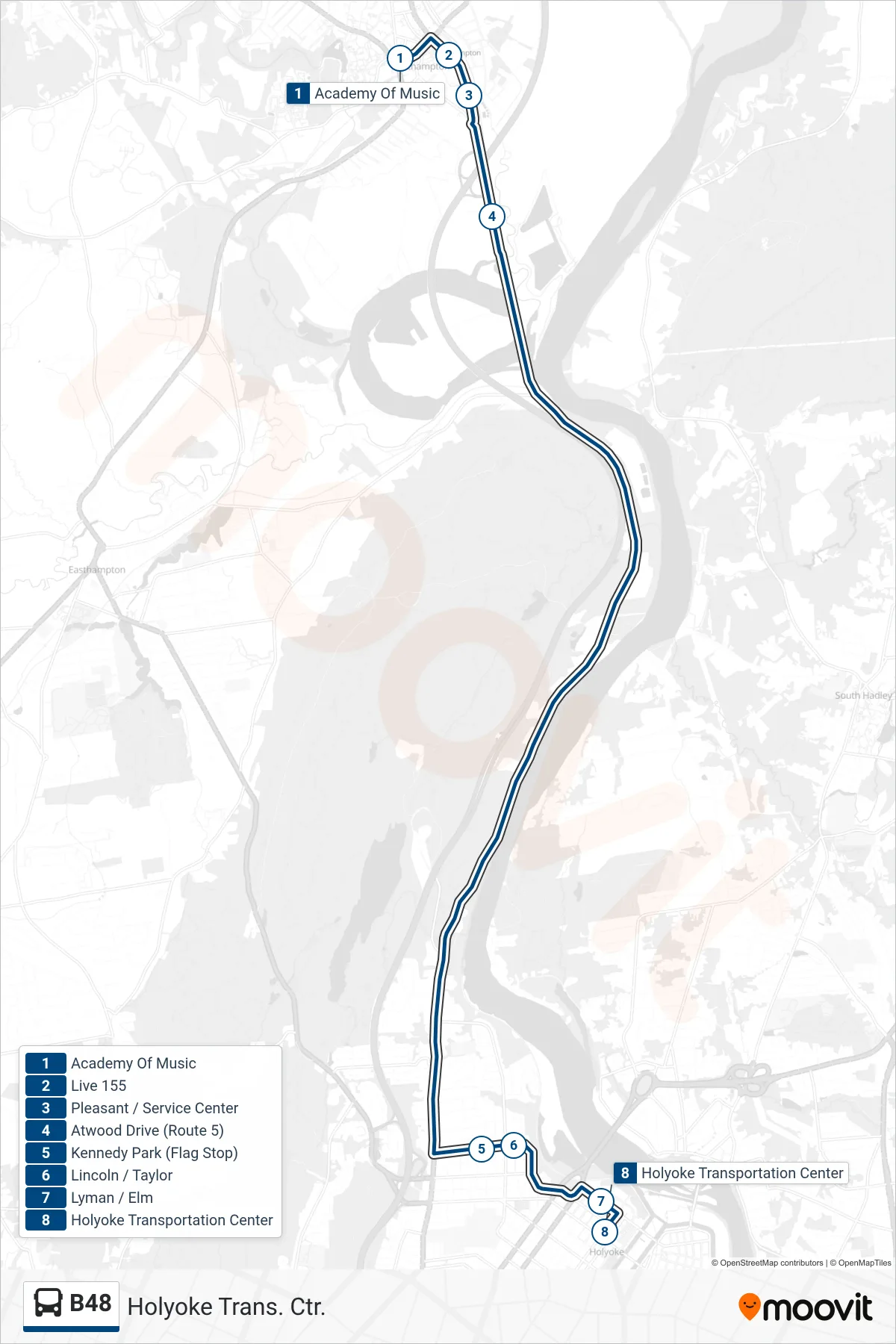 B48 bus Line (Holyoke Trans. Ctr.) route and stops on a map