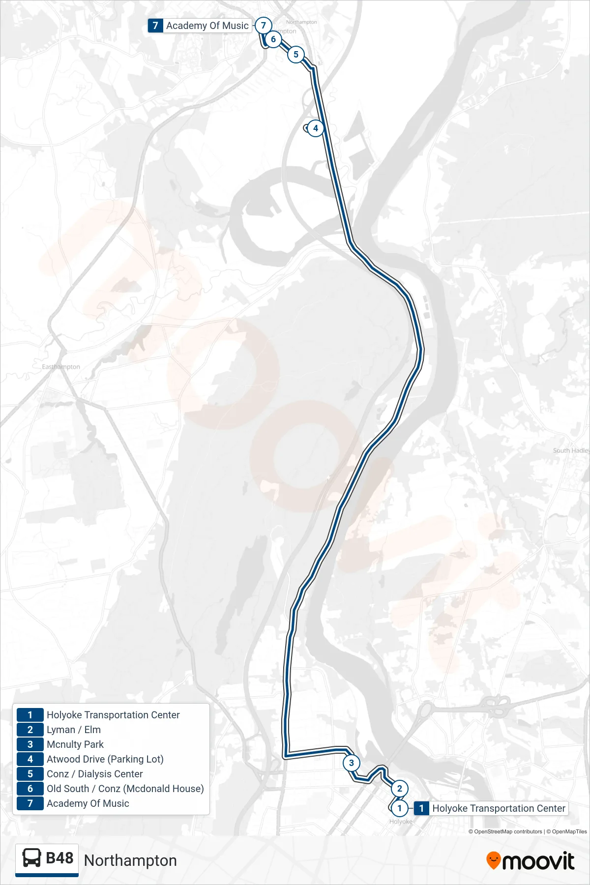 B48 bus Line (Northampton) route and stops on a map