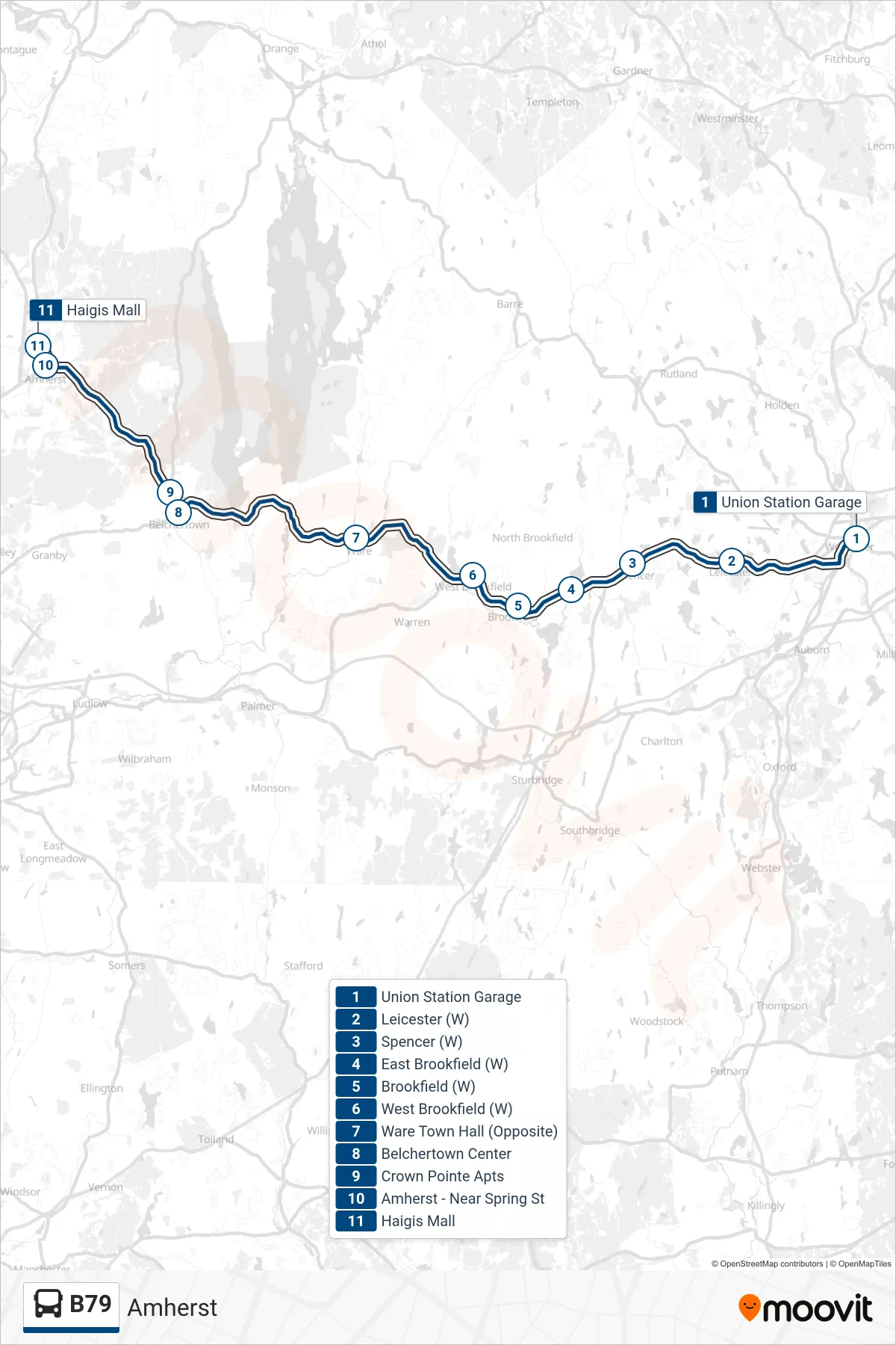 B79 bus Line (Amherst) route and stops on a map