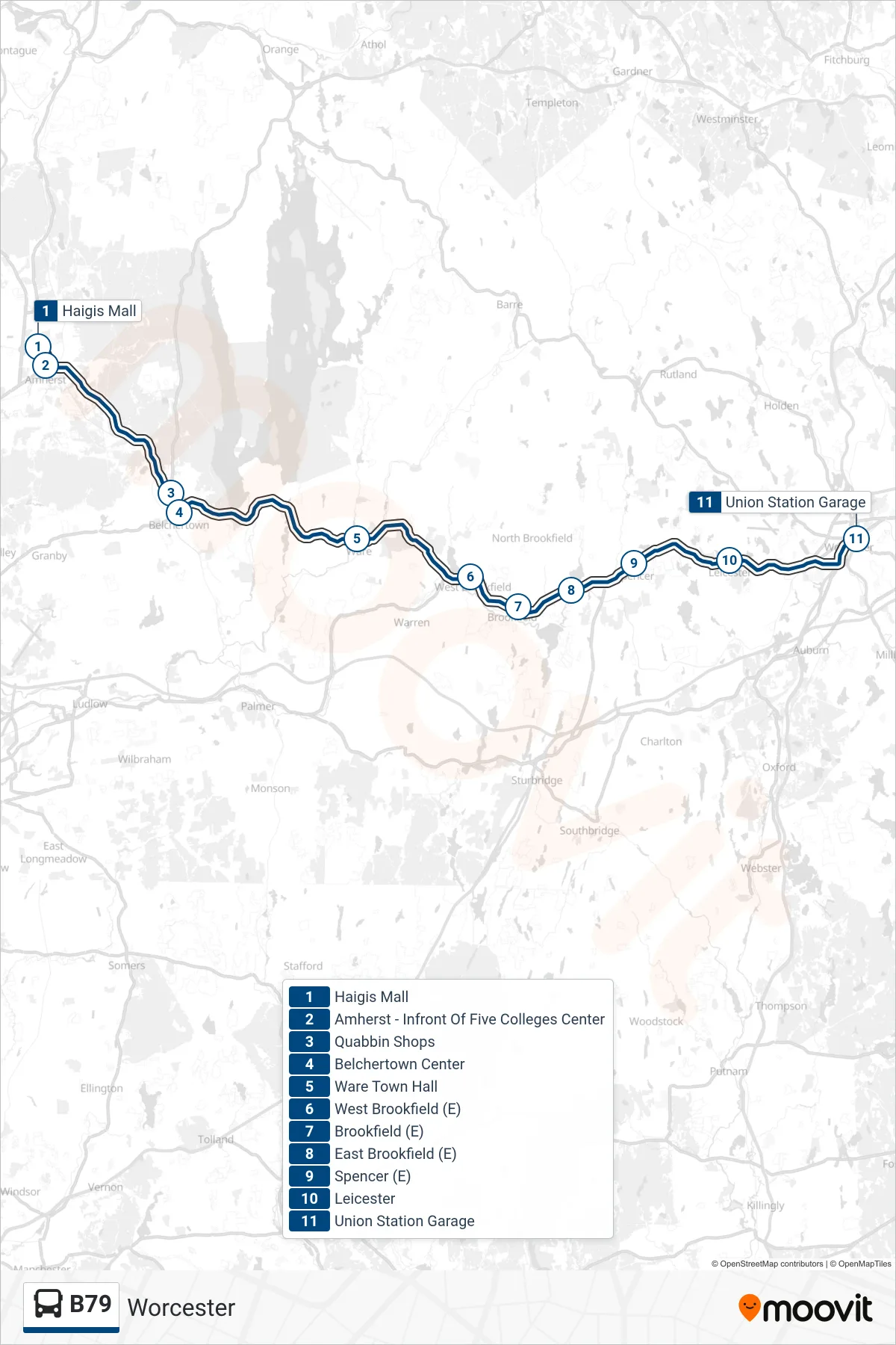 B79 bus Line (Worcester) route and stops on a map