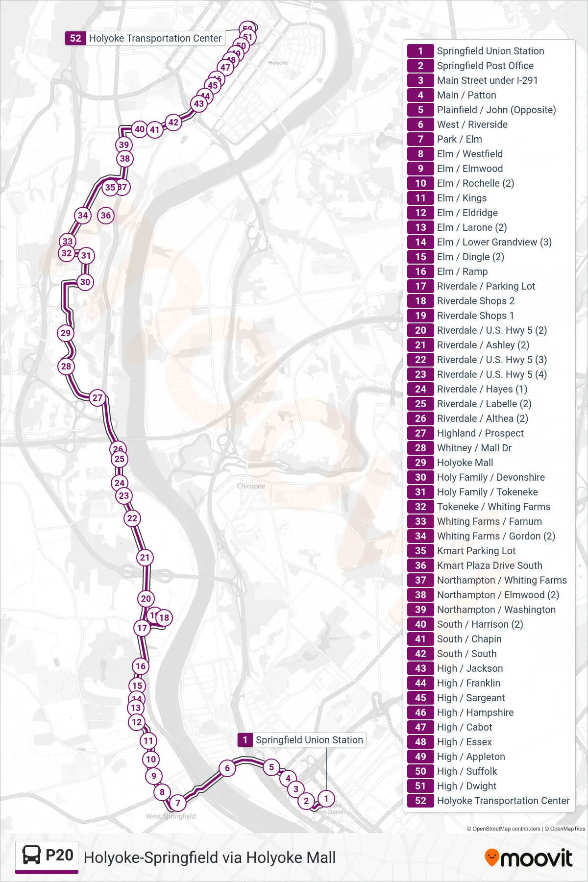 P20 bus Line (Holyoke Trans. Ctr. Via Holyoke Mall) route and stops on a map