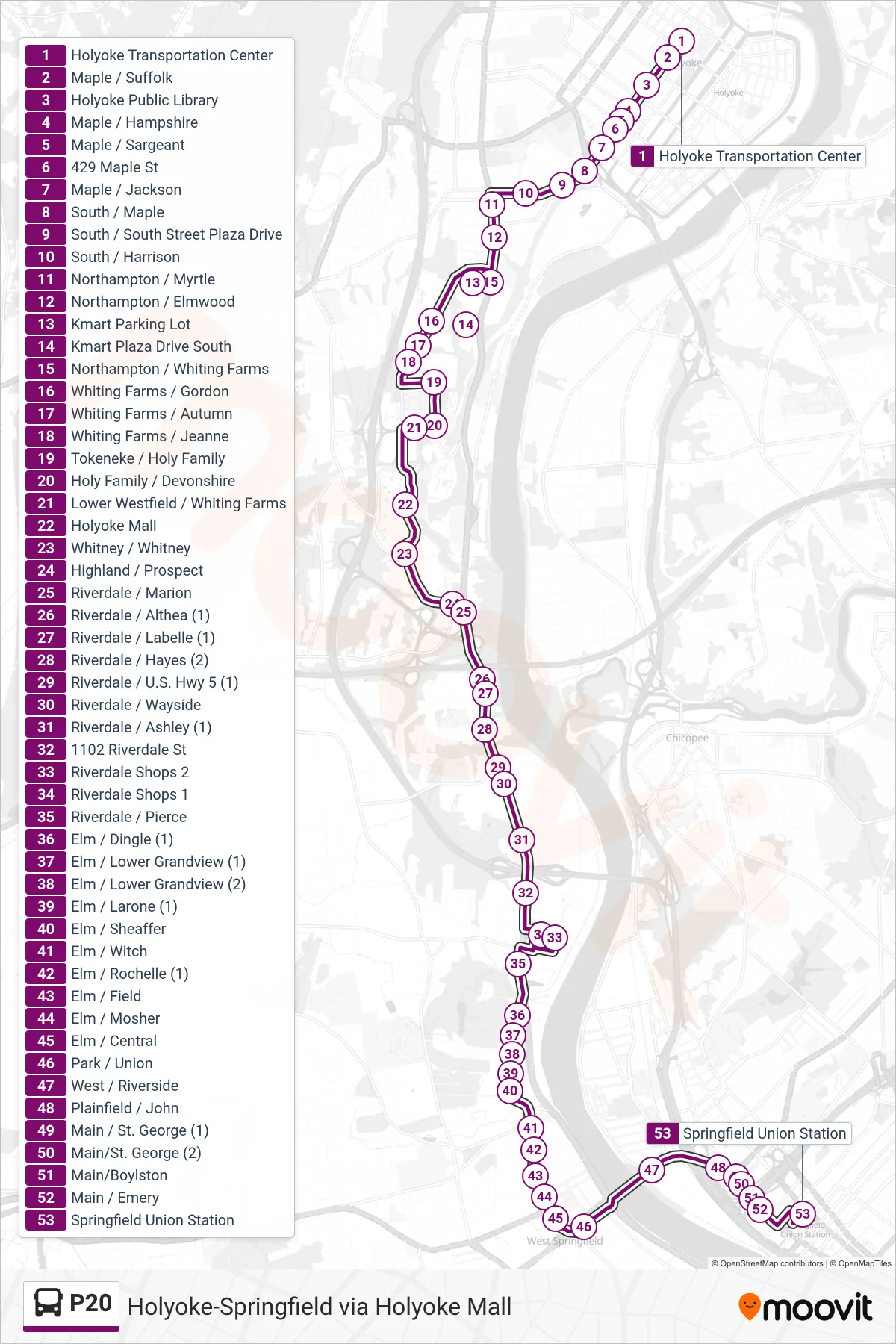 P20 bus Line (Union Station Springfield Via Holyoke Mall) route and stops on a map