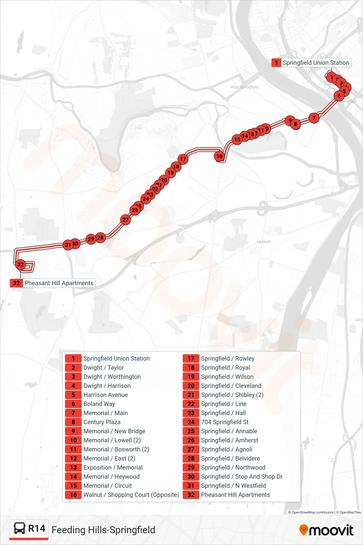 R14 bus Line (Pheasant Hill) route and stops on a map