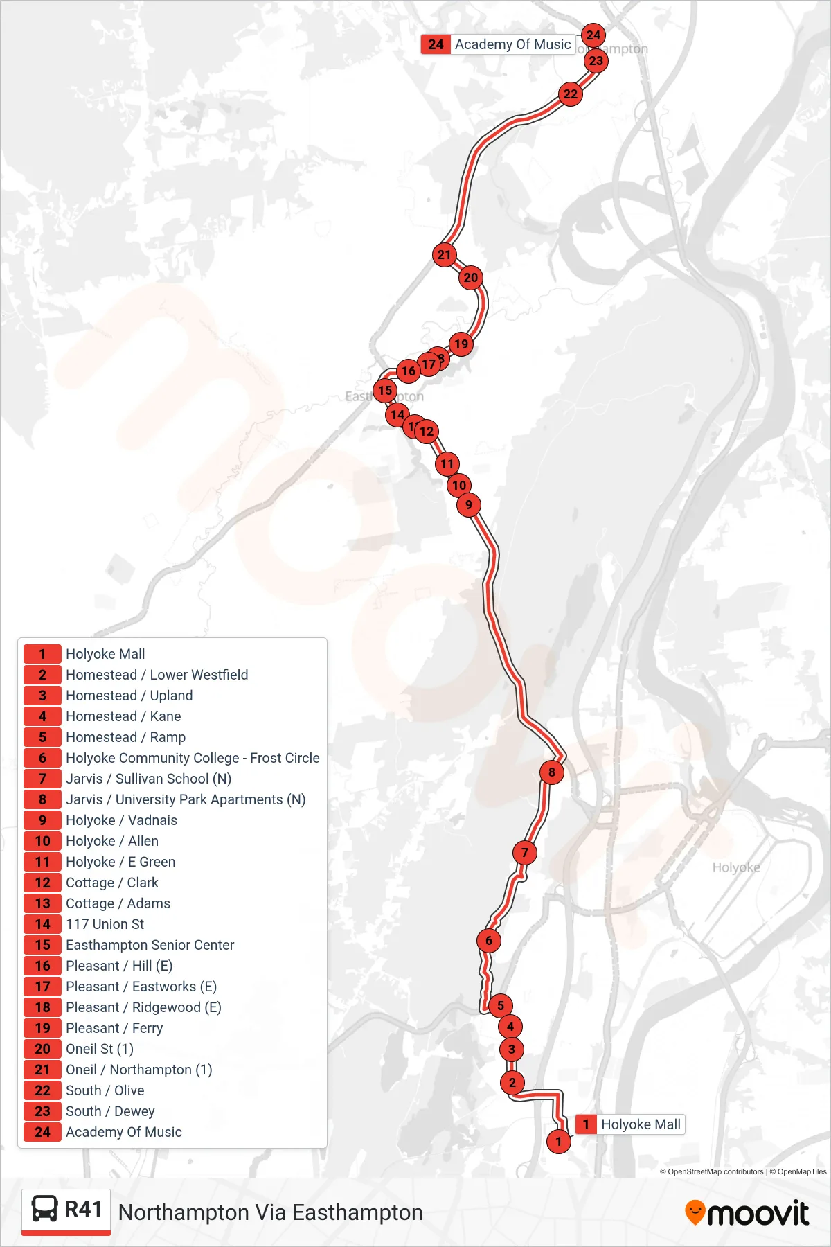 R41 bus Line (Northampton Via Easthampton) route and stops on a map