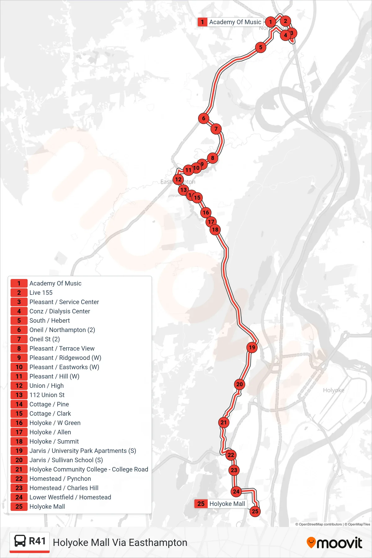 R41 bus Line (Holyoke Mall Via Easthampton) route and stops on a map