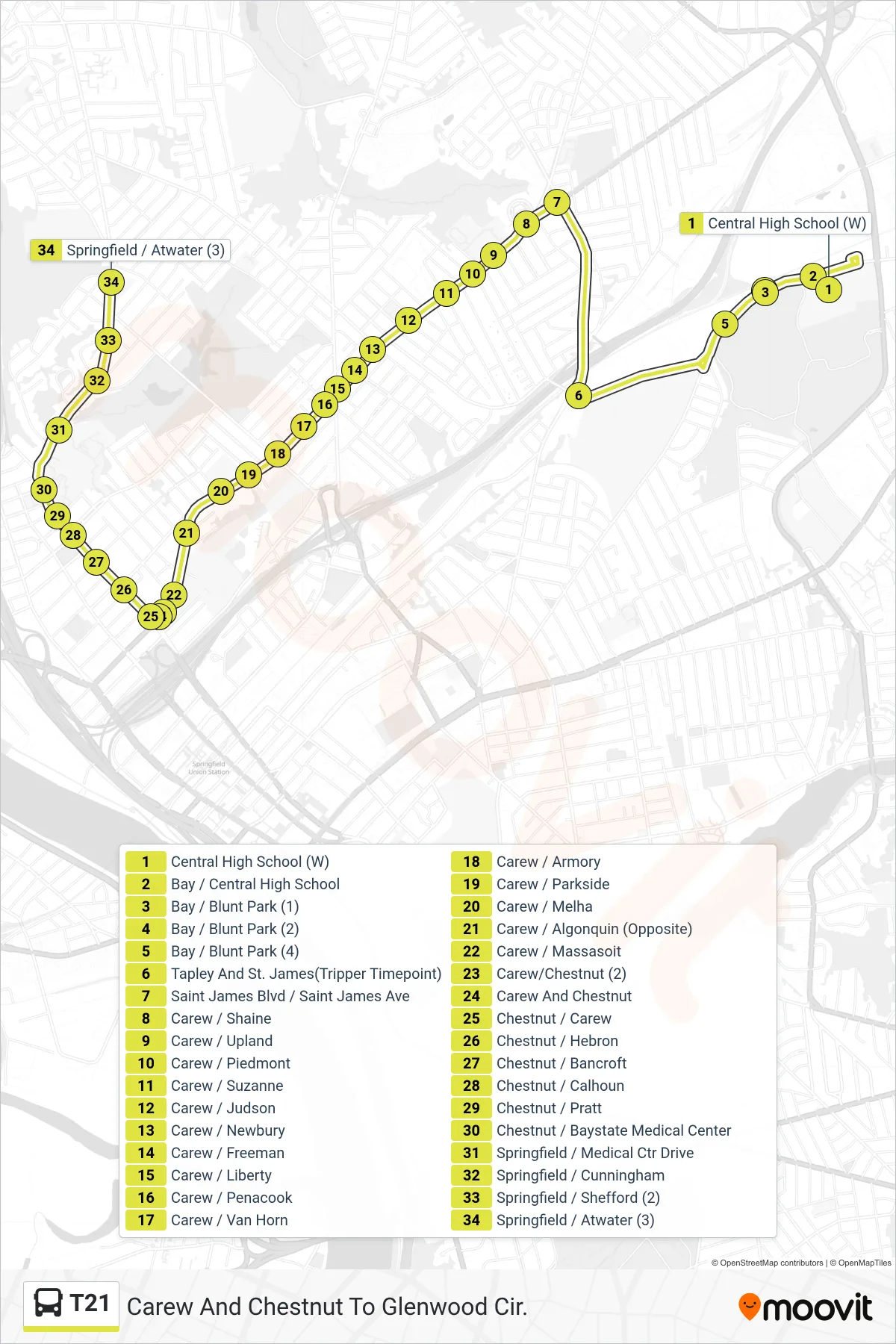 T21 bus Line (Carew And Chestnut To Glenwood Cir.) route and stops on a map