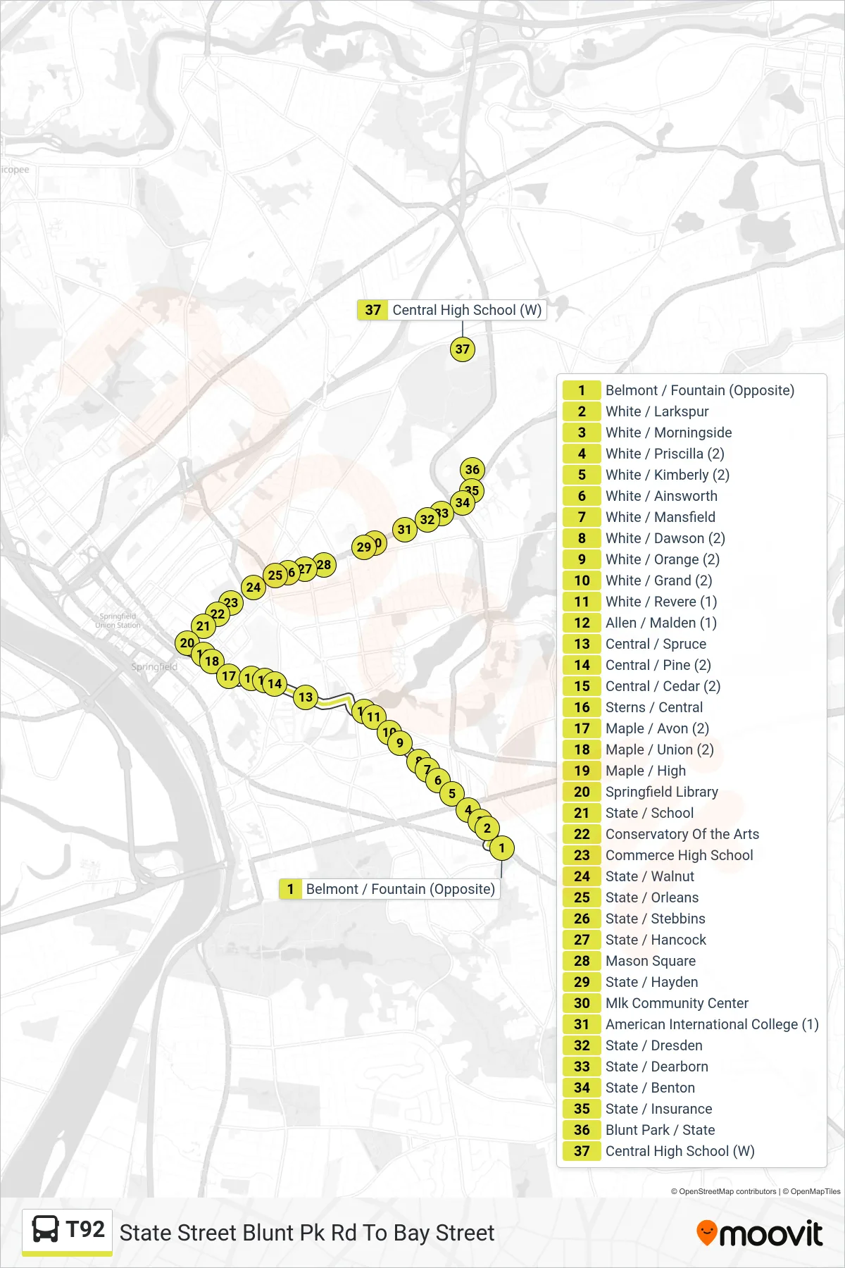 T92 bus Line (State Street Blunt Pk Rd To Bay Street) route and stops on a map