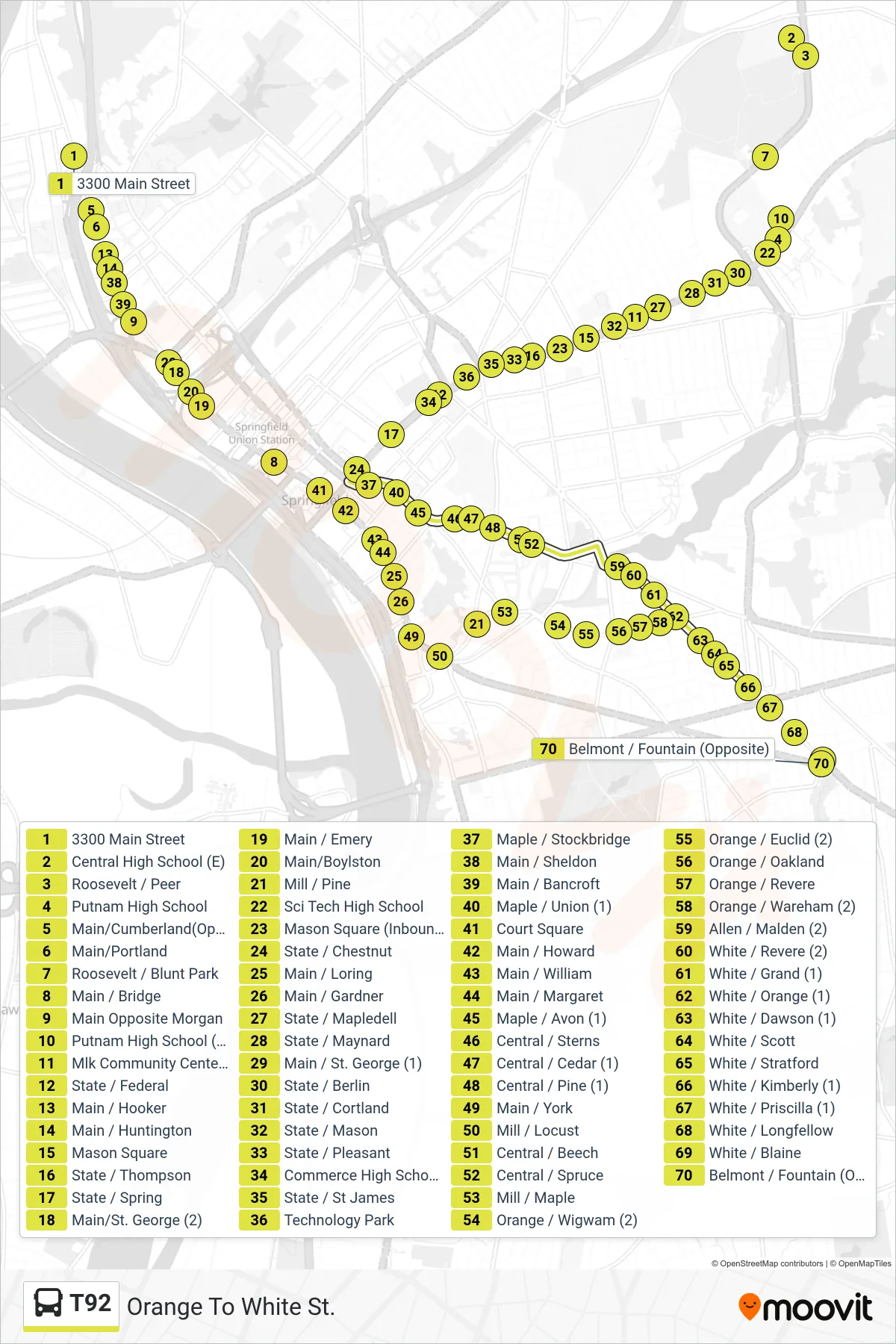 T92 bus Line (Orange To White St.) route and stops on a map