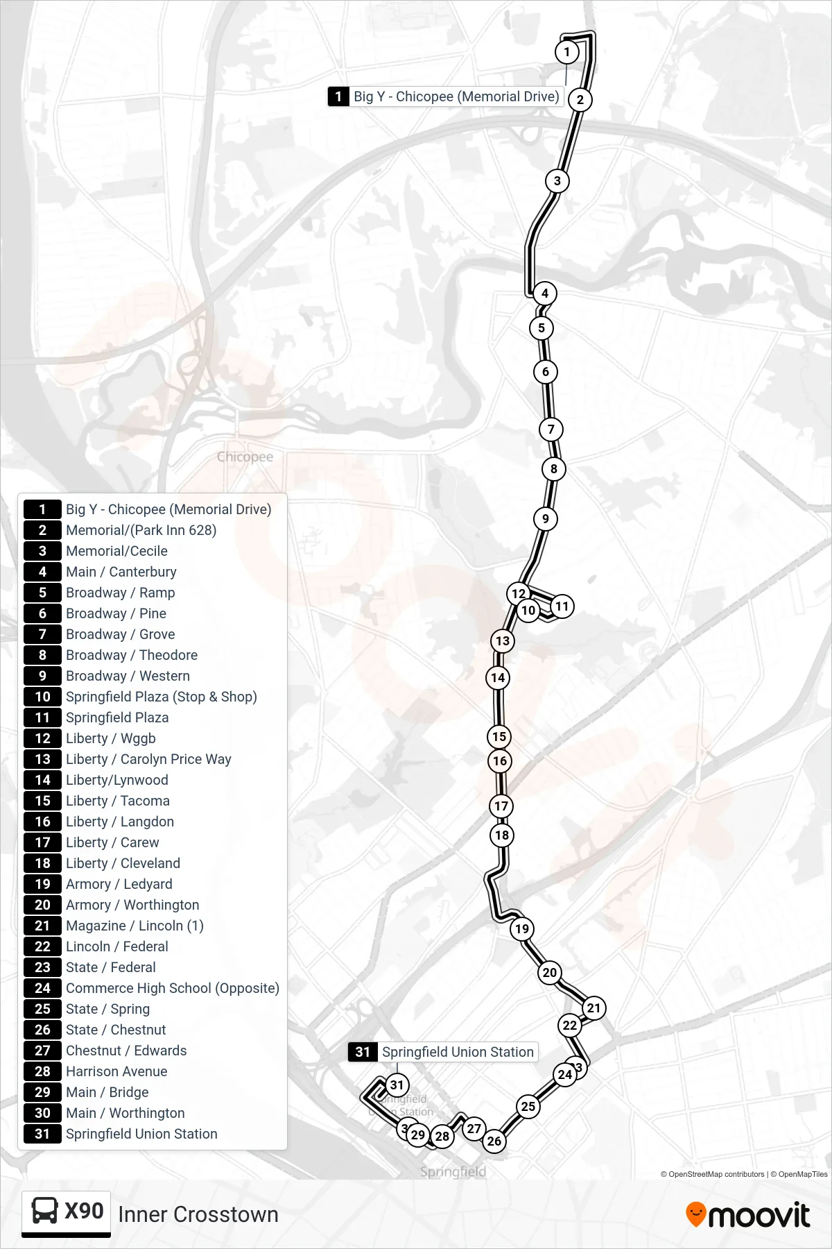 X90 bus Line (State And Federal To Union Station) route and stops on a map