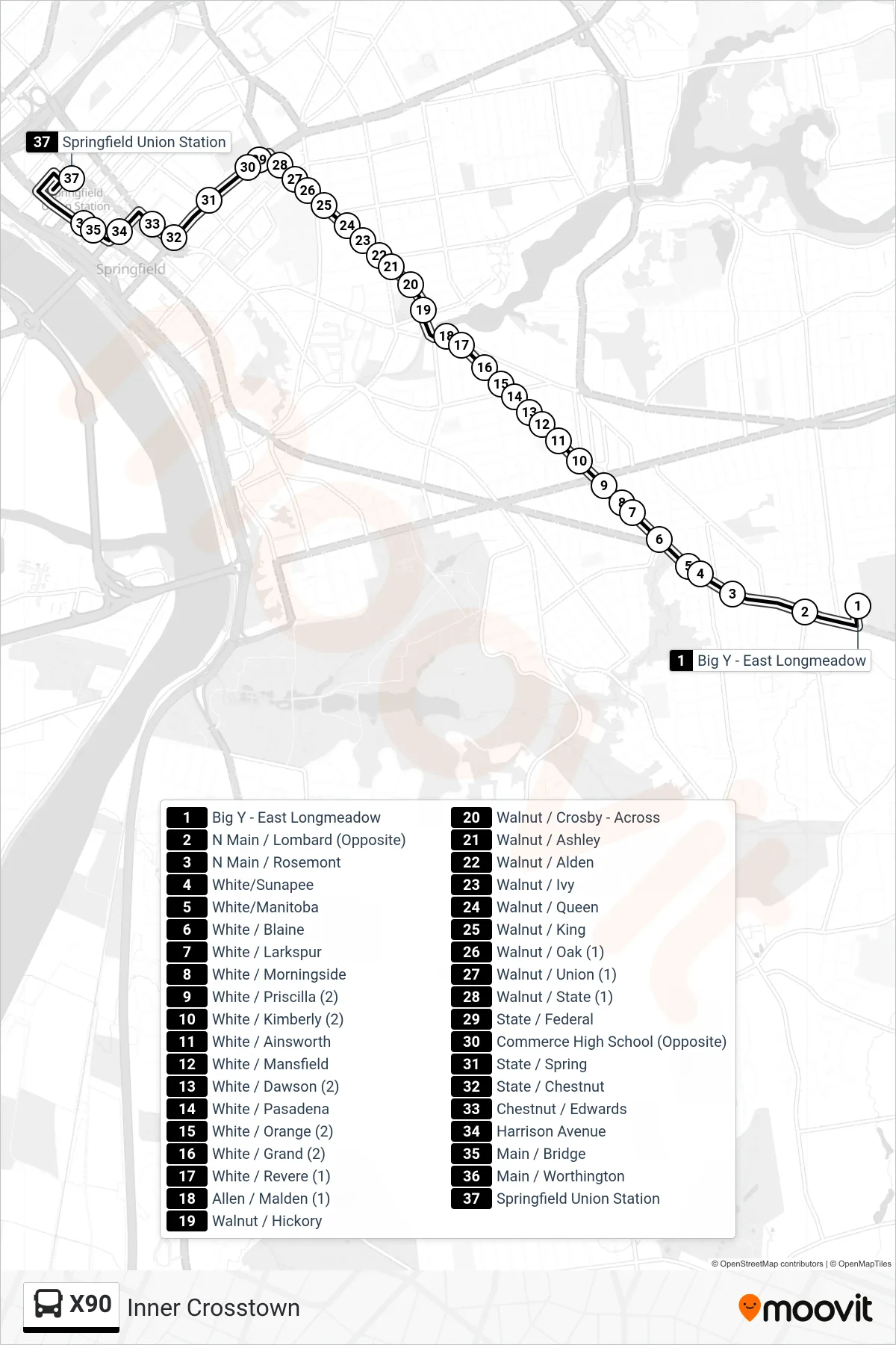 X90 bus Line (State And Federal To Union Station) route and stops on a map