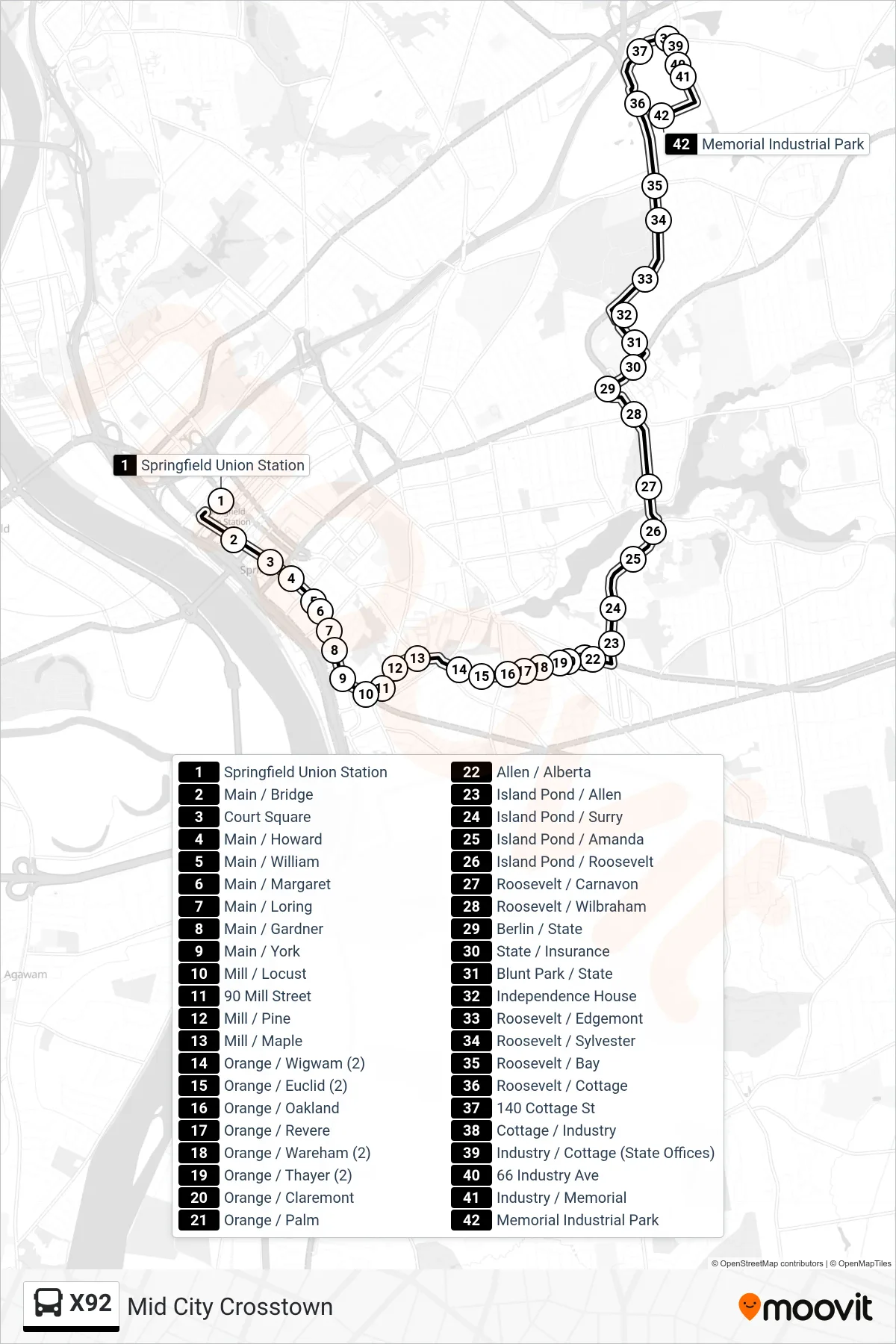 X92 bus Line (Memorial Industrial Park Via Roosevelt) route and stops on a map